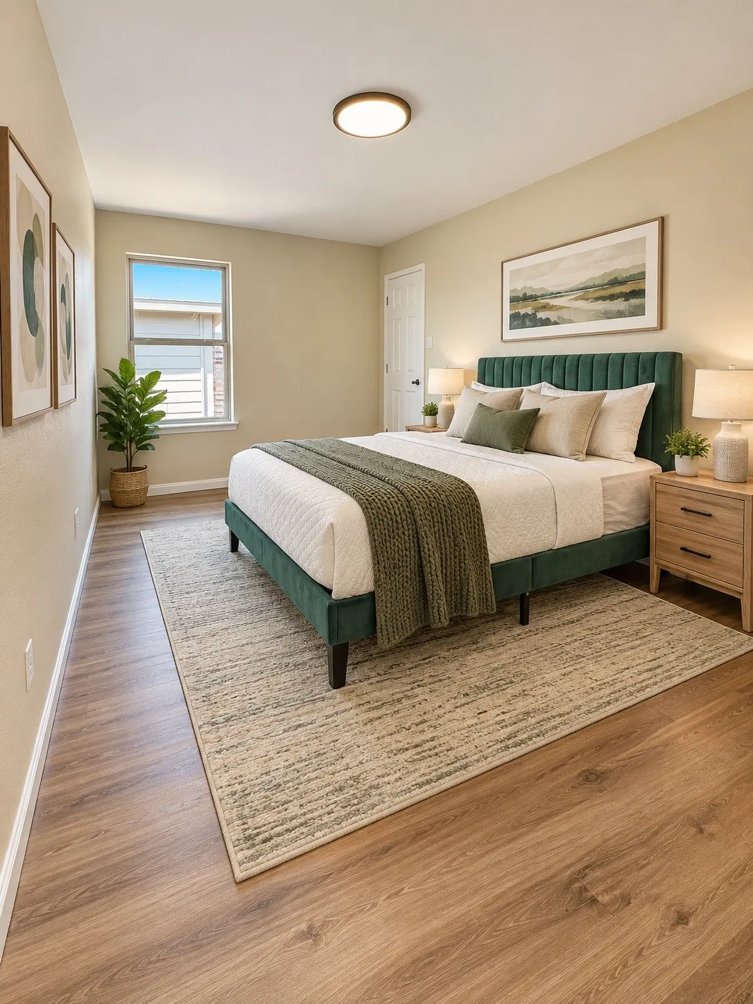Recessed window, wood-finish flooring, and neutral wall paint