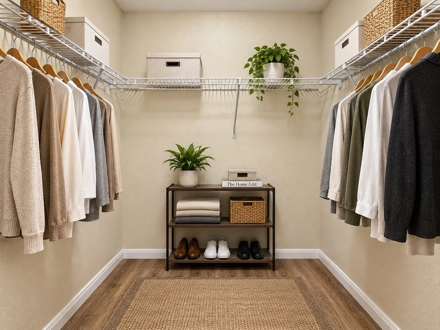 Walk-in closet with full-height walls and wood-finish flooring