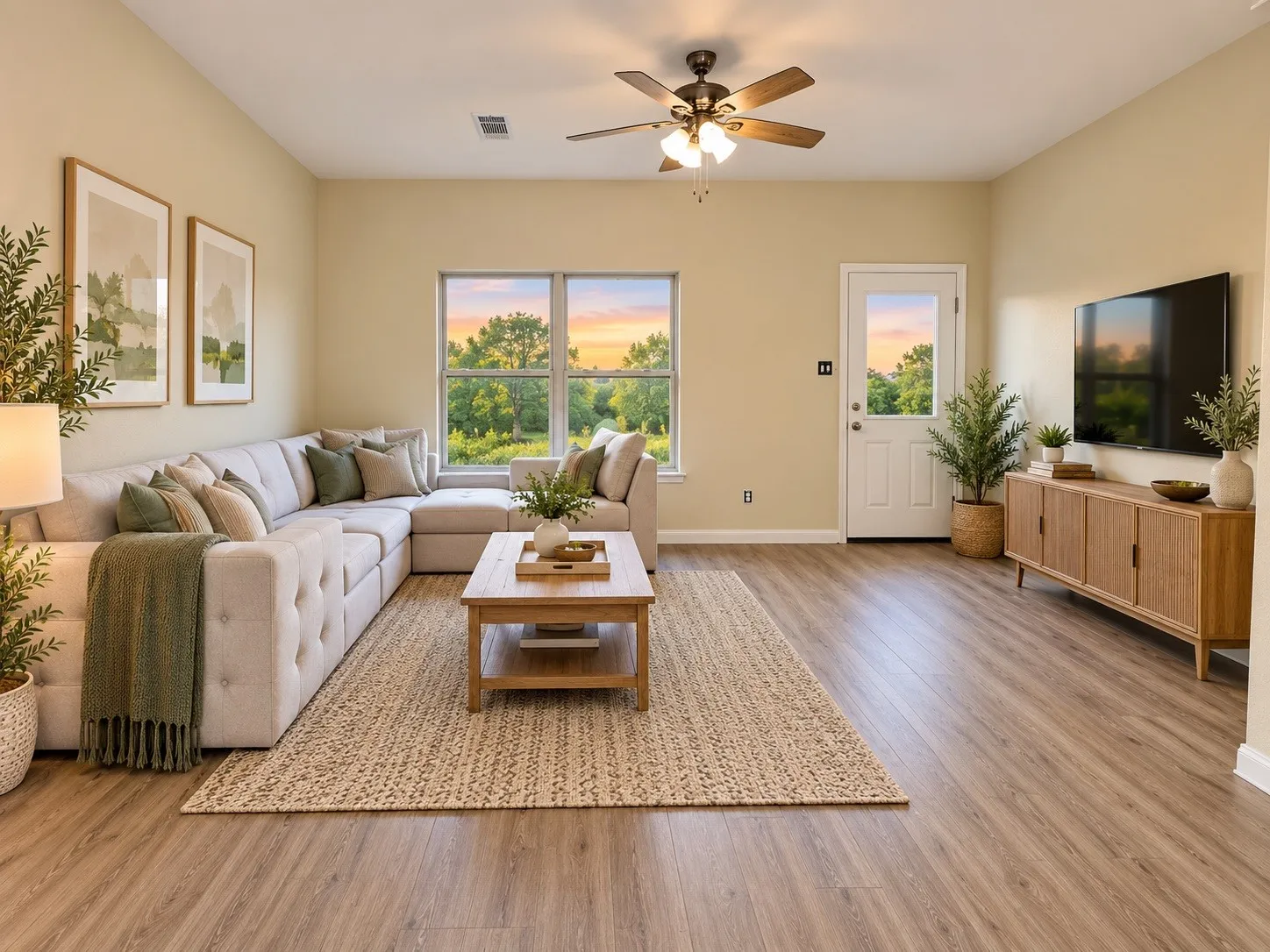Spacious living area featuring wood-finish flooring, a ceiling fan with integrated lighting, and multiple windows