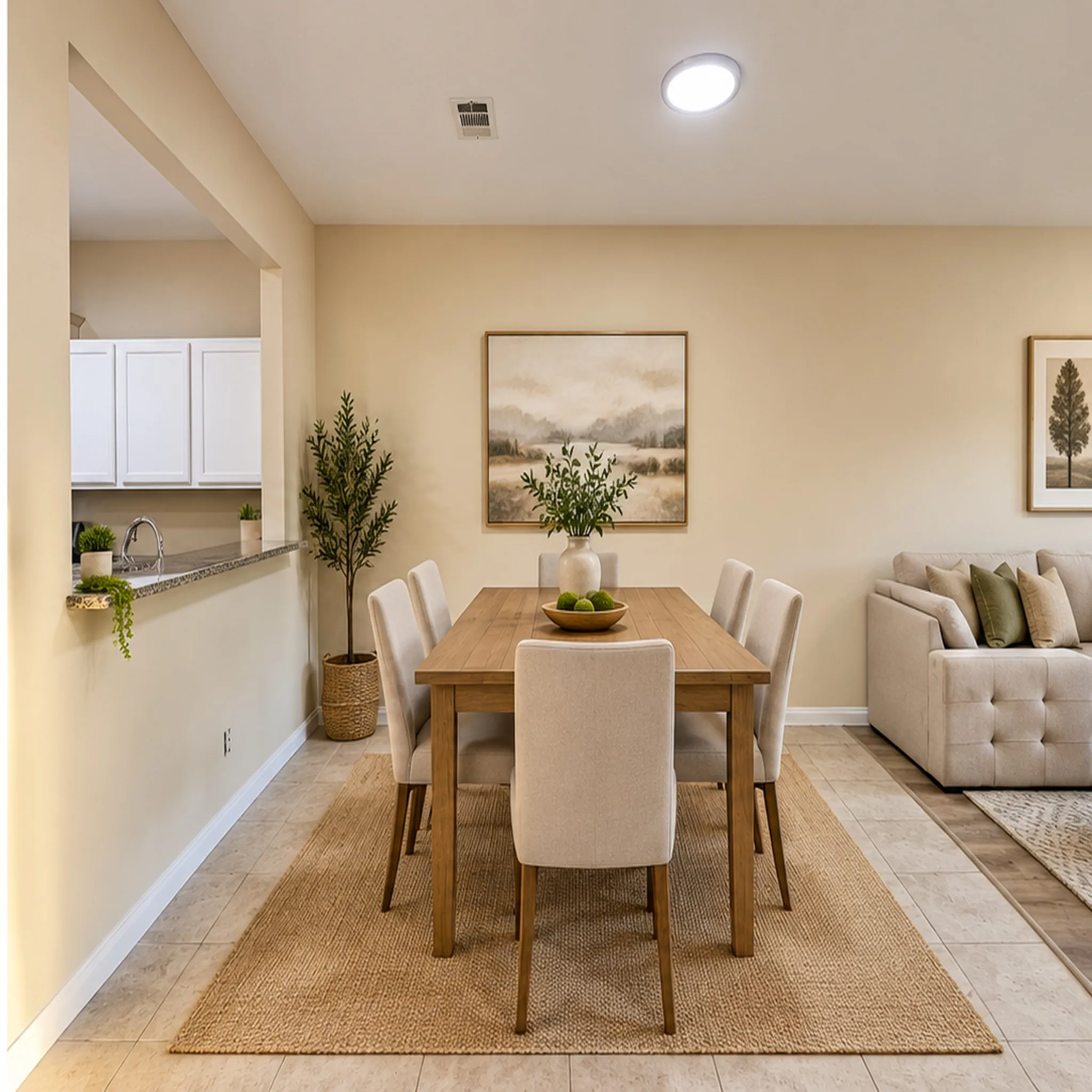 Recessed ceiling lighting, tiled flooring, built-in breakfast bar with granite-style countertop, and white cabinetry