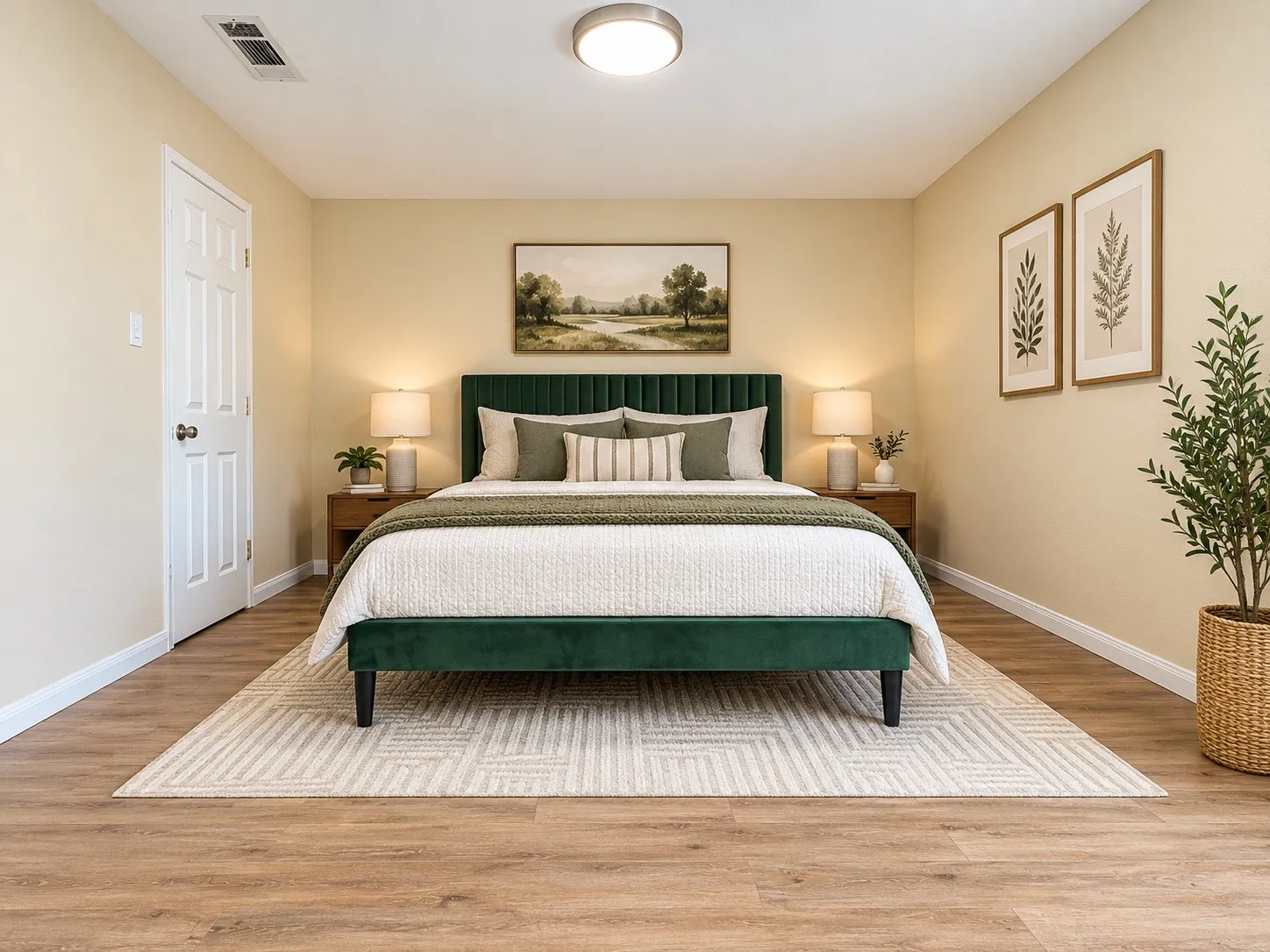 Wood-finish flooring, neutral wall color, white trim, and a flush-mount ceiling light fixture