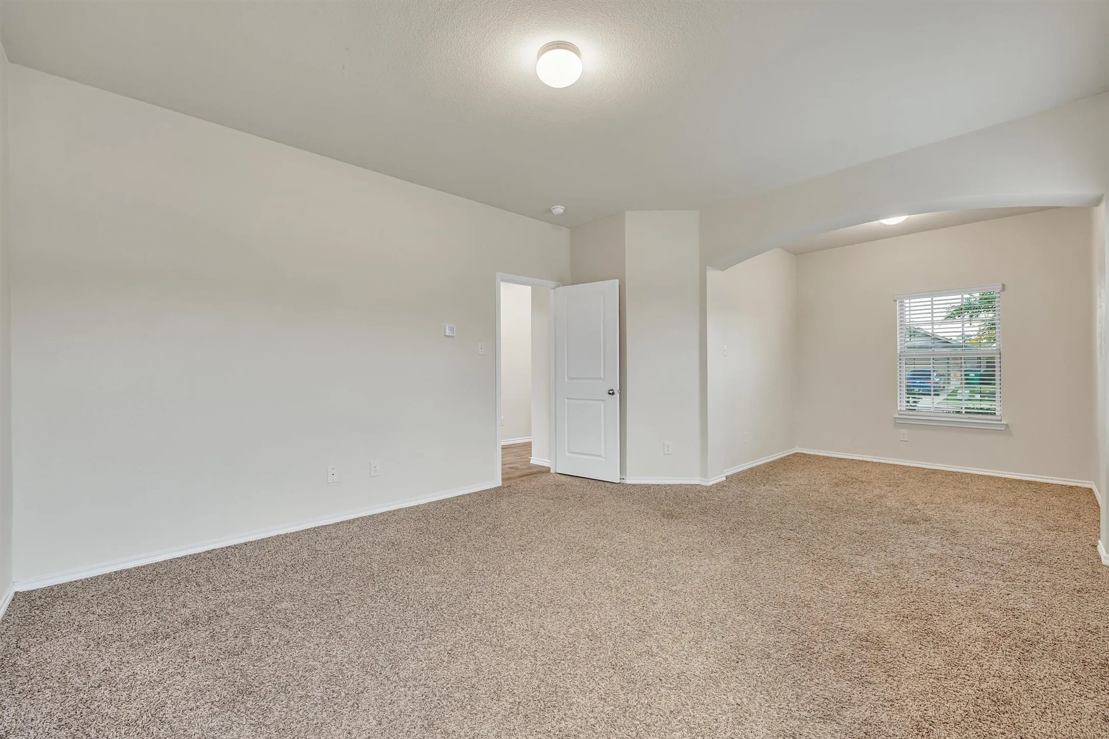 Carpeted room with neutral paint, a window with blinds, and an overhead light fixture