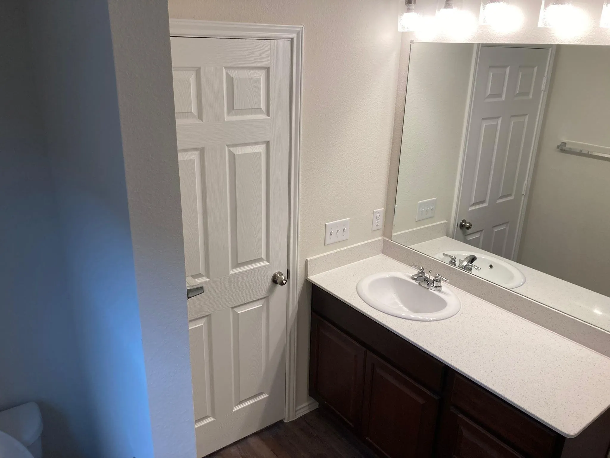 Built-in vanity with dual under-mount sinks, light-colored countertop, wall-mounted mirror, and wood-finish flooring