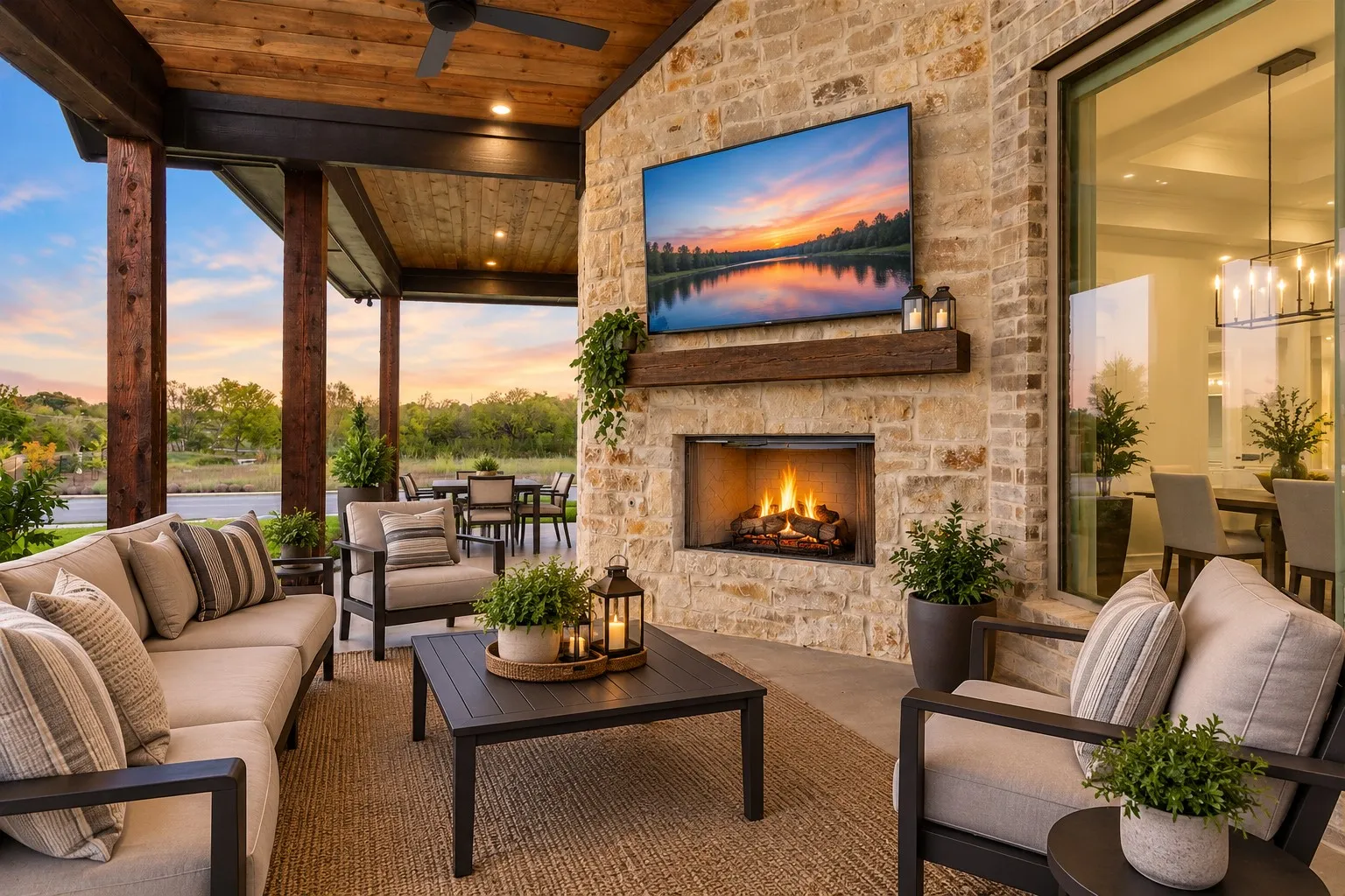 Covered outdoor living space featuring a stone fireplace, wood-plank ceiling, and recessed lighting