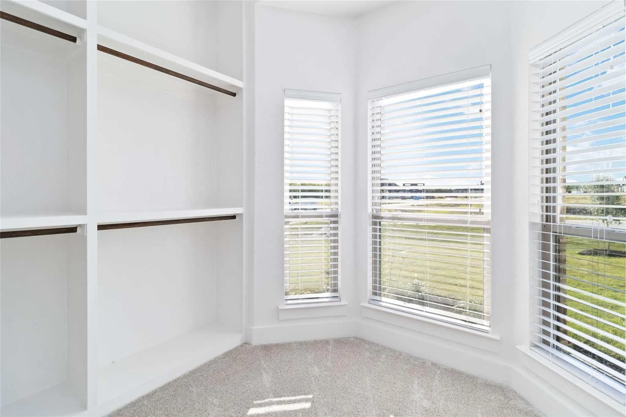 Built-in shelving with hanging rods and multiple windows with blinds