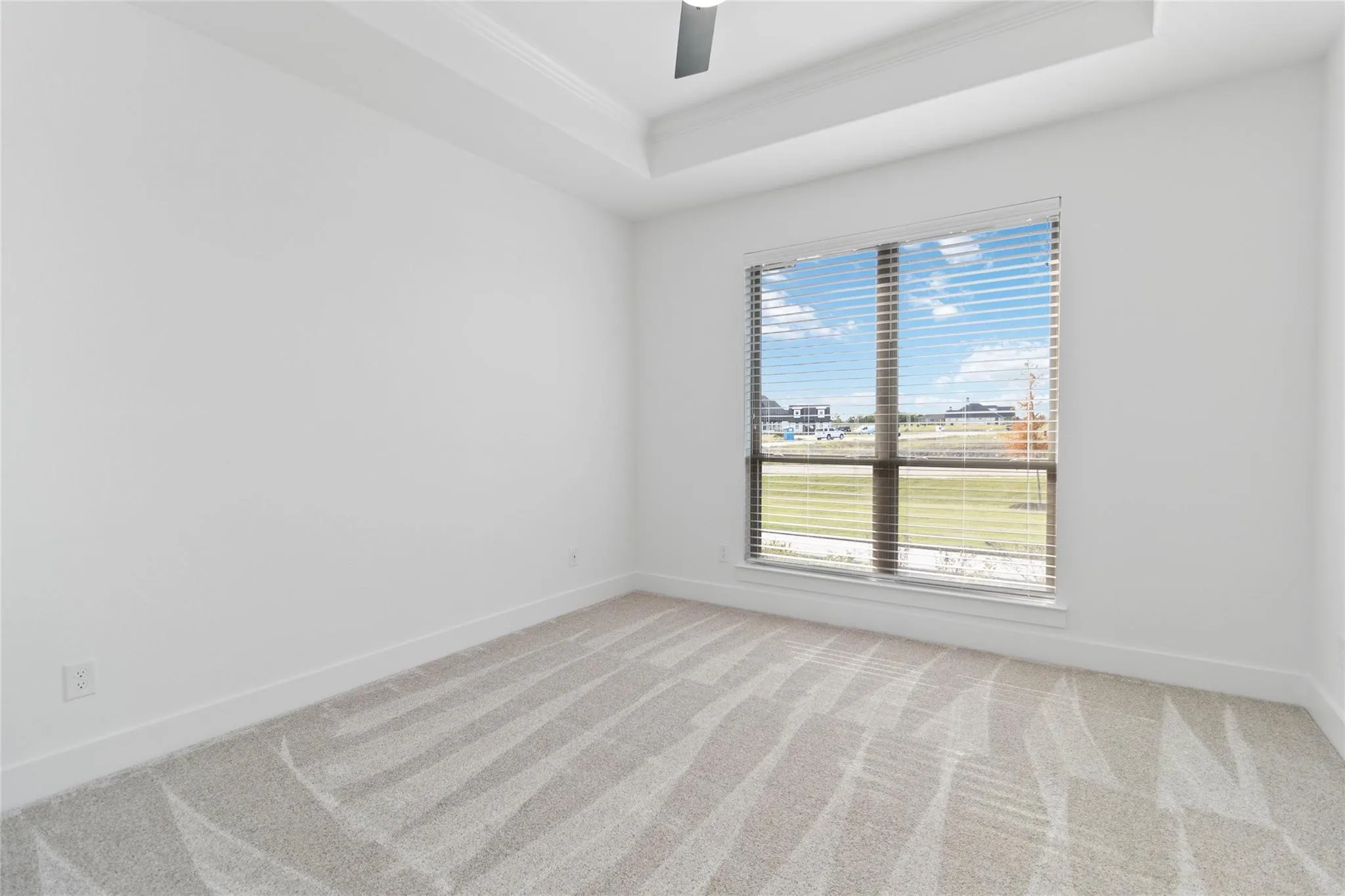 Tray ceiling, ceiling fan, large window, carpet flooring, neutral wall color