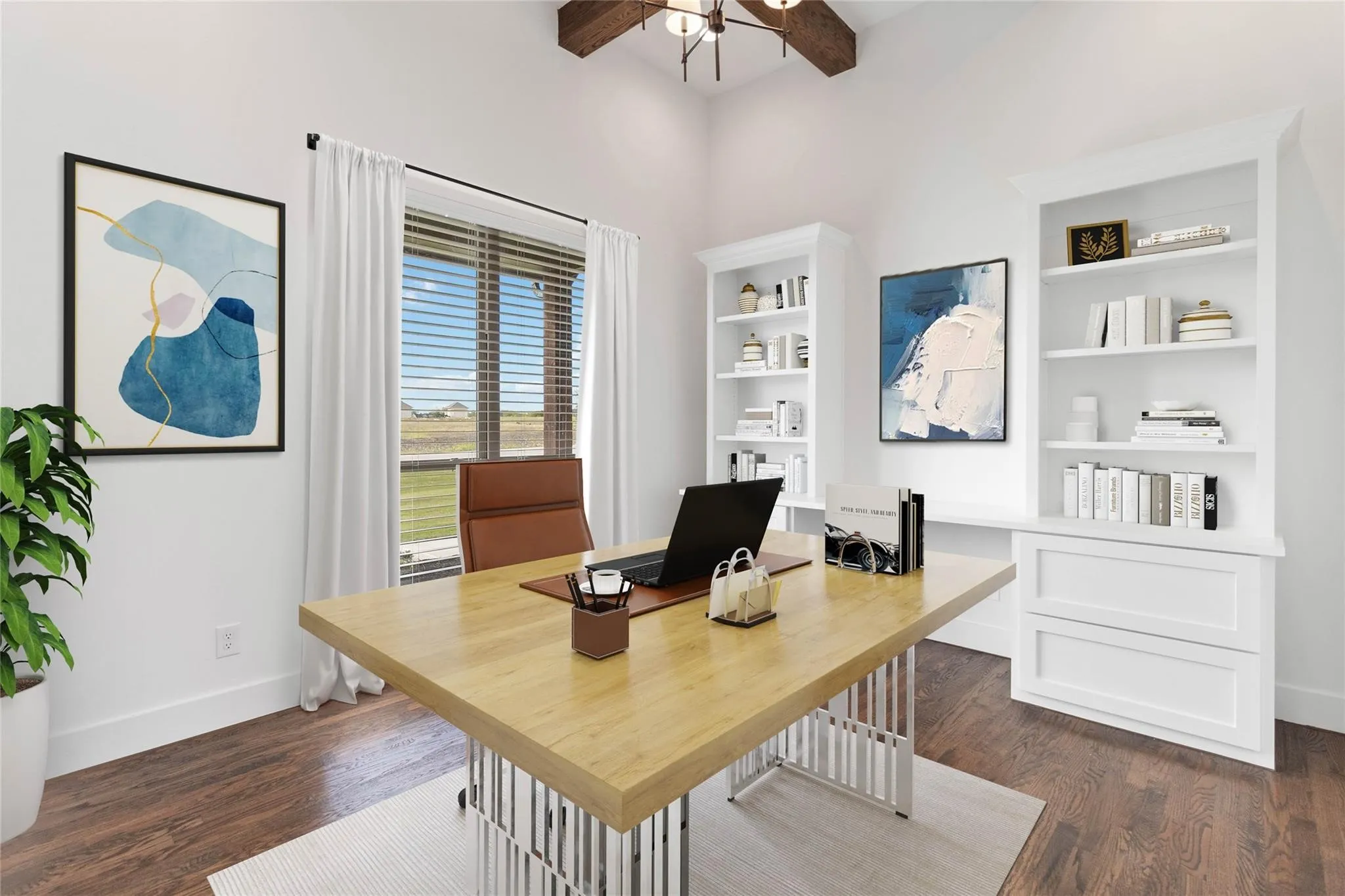 Wood-finish flooring, built-in shelving, vaulted ceiling with exposed wood beams, and a large window with blinds