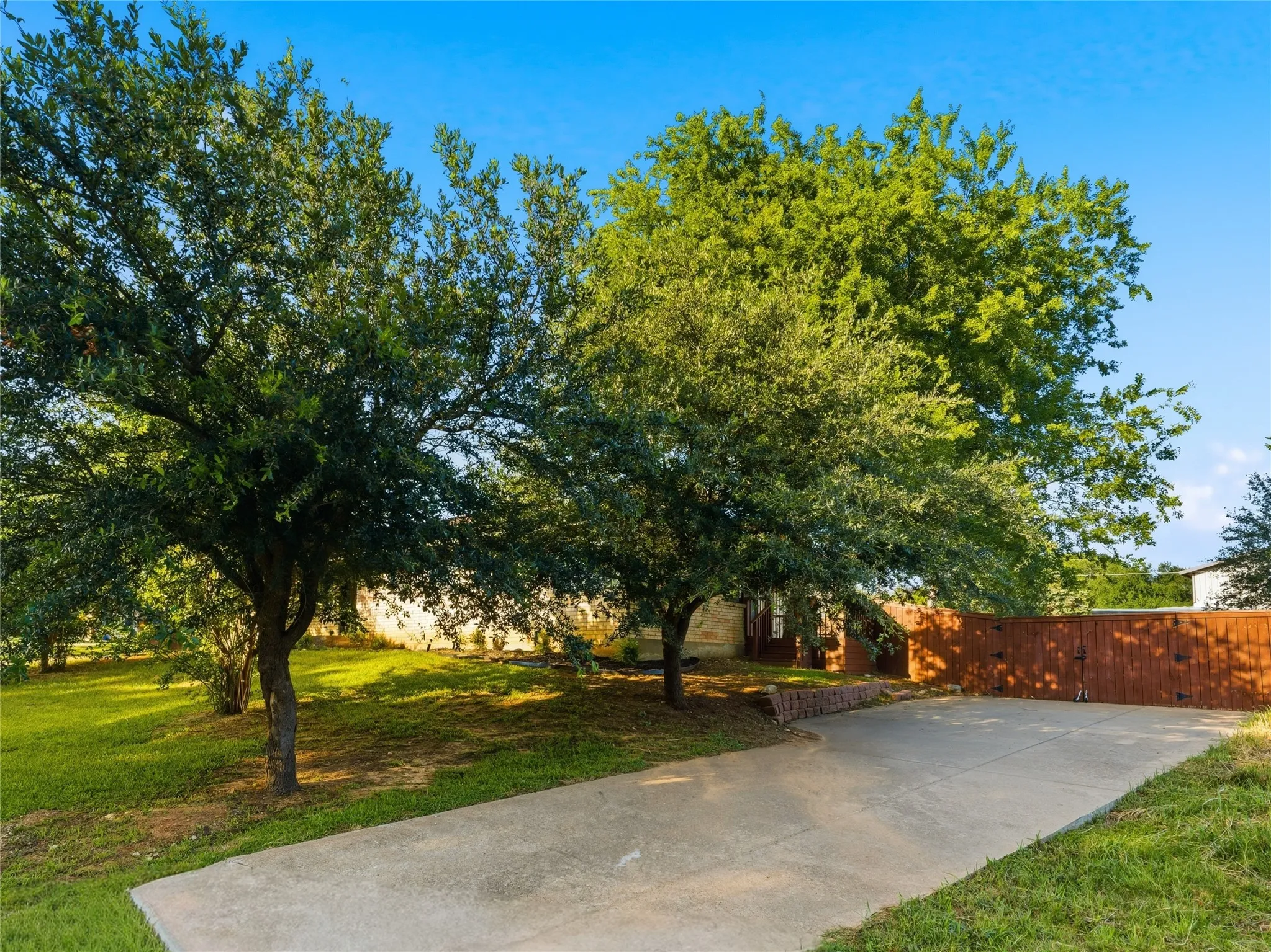 Concrete driveway leading to a wood-paneled fence, flanked by mature trees and a grassy lawn