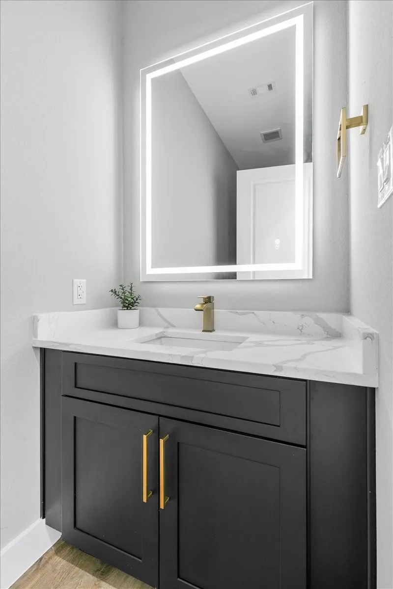 Powder bath with lighted mirrors for entertaining.