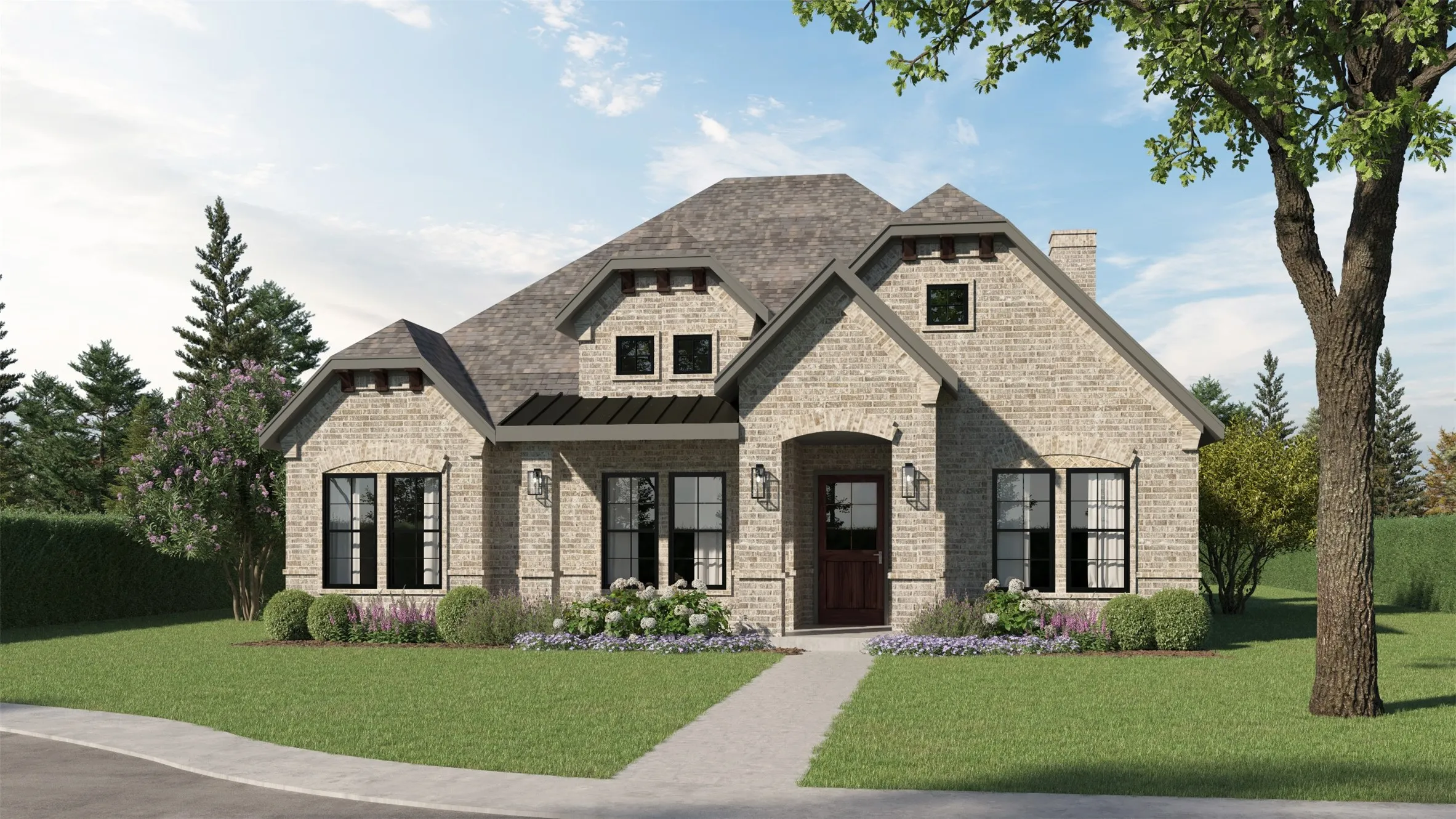 Rendition of French country home featuring brick siding, a front yard, and a chimney