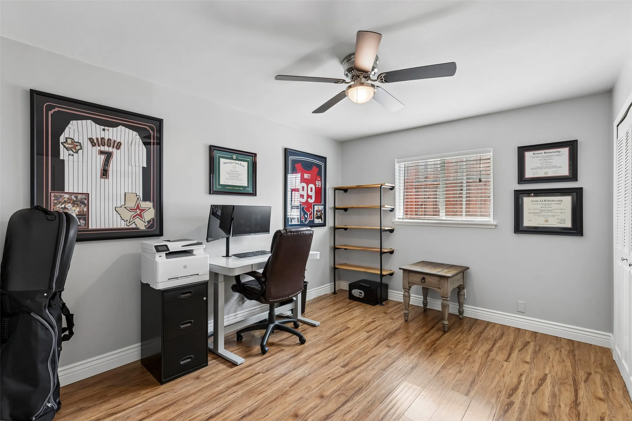 This secondary bedroom flexes easily into a home office, with a dedicated closet keeping it convertible back to bedroom use.