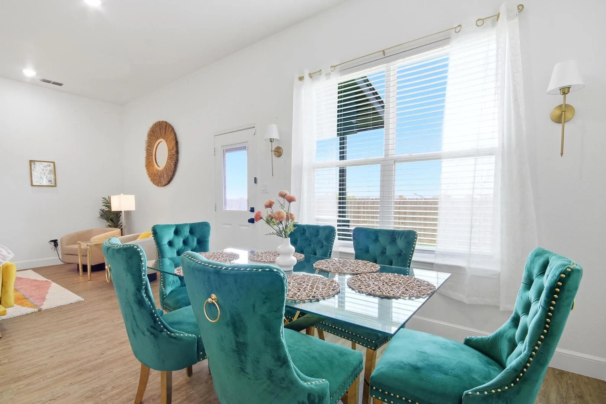 Wood-finish flooring throughout the space