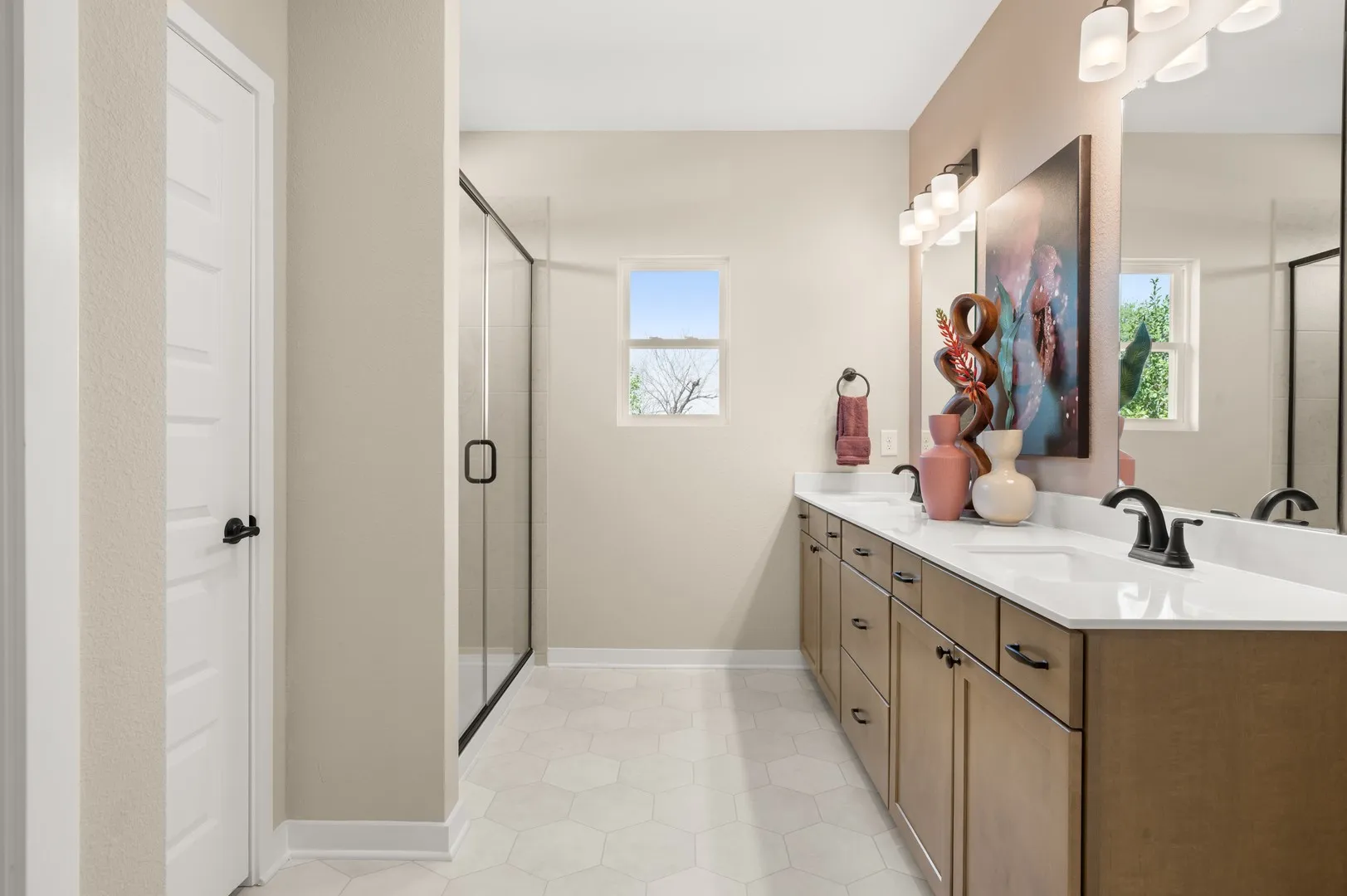 The Oakshire II- Primary Bathroom with Dual Vanities and Walk-In Shower