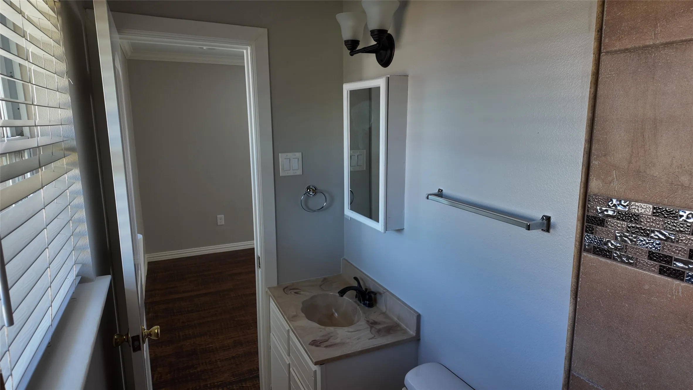 Vanity with integrated sink, wall-mounted light fixture, and medicine cabinet
