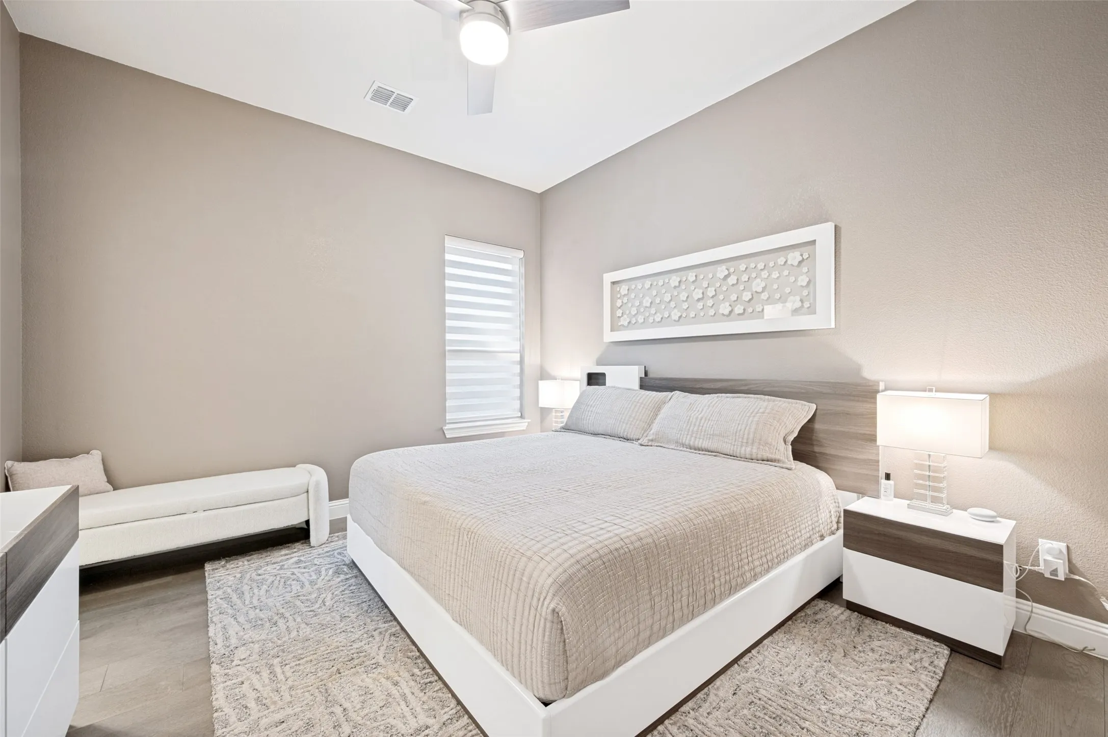 Recessed lighting, ceiling fan, wood-finish flooring, window with blinds, and neutral wall tones