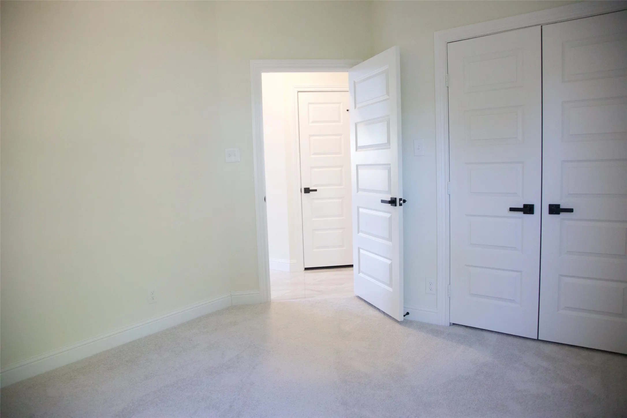 Light-toned walls, light-toned carpet flooring, white paneled doors with matte black hardware