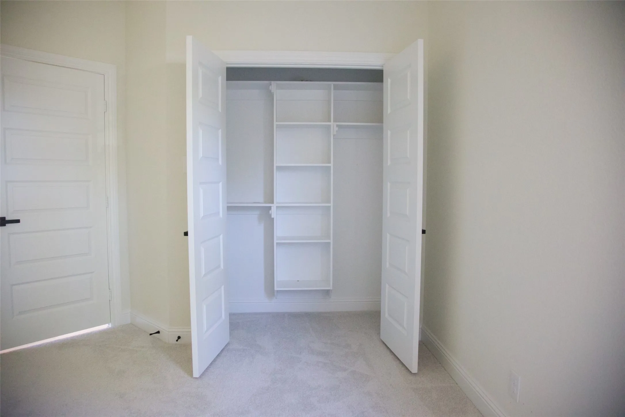 Built-in closet shelving, integrated hanging rods, panel doors, and neutral wall color