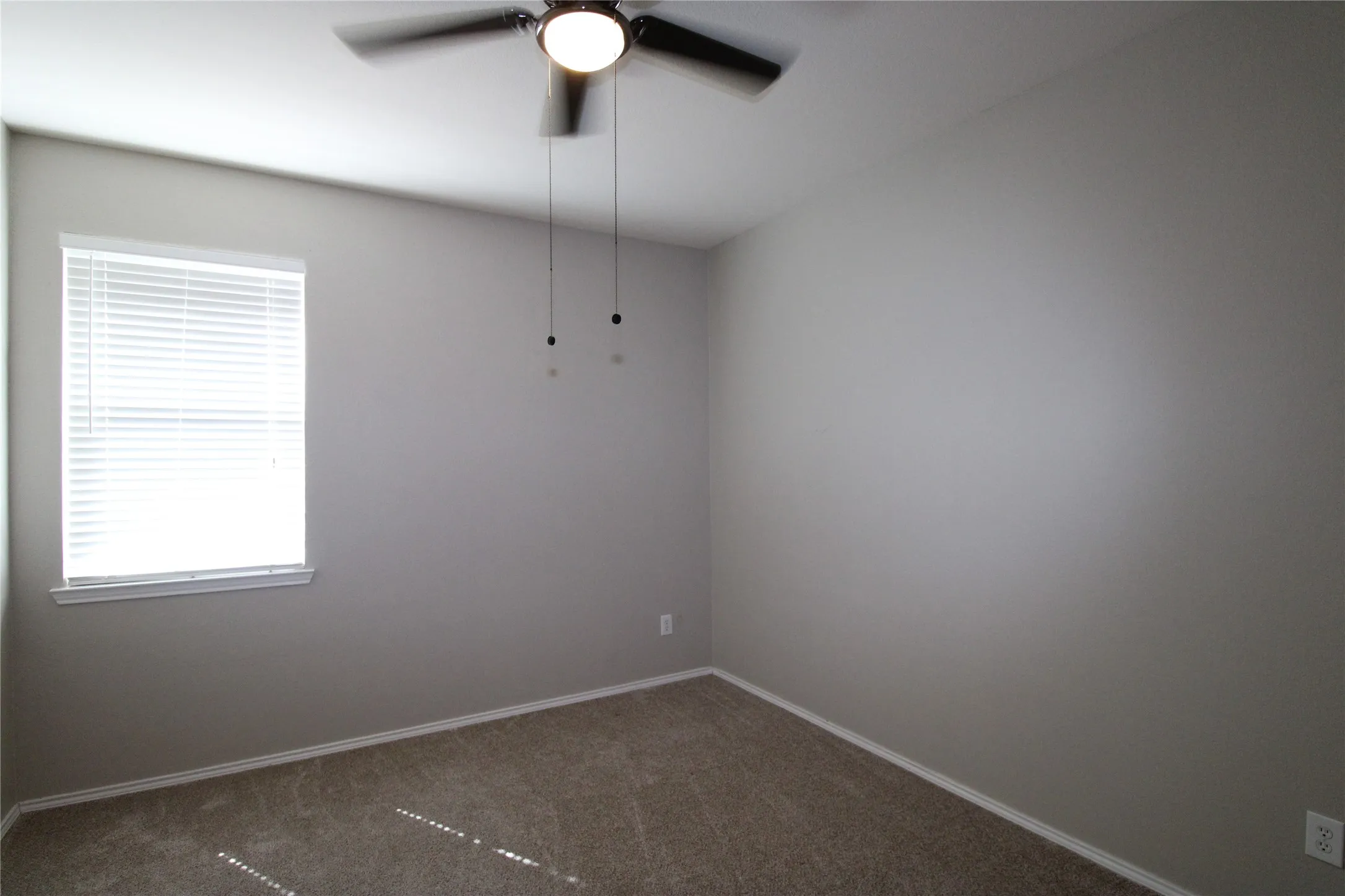 Ceiling fan with integrated lighting, window with blinds, light gray wall paint, and carpet flooring