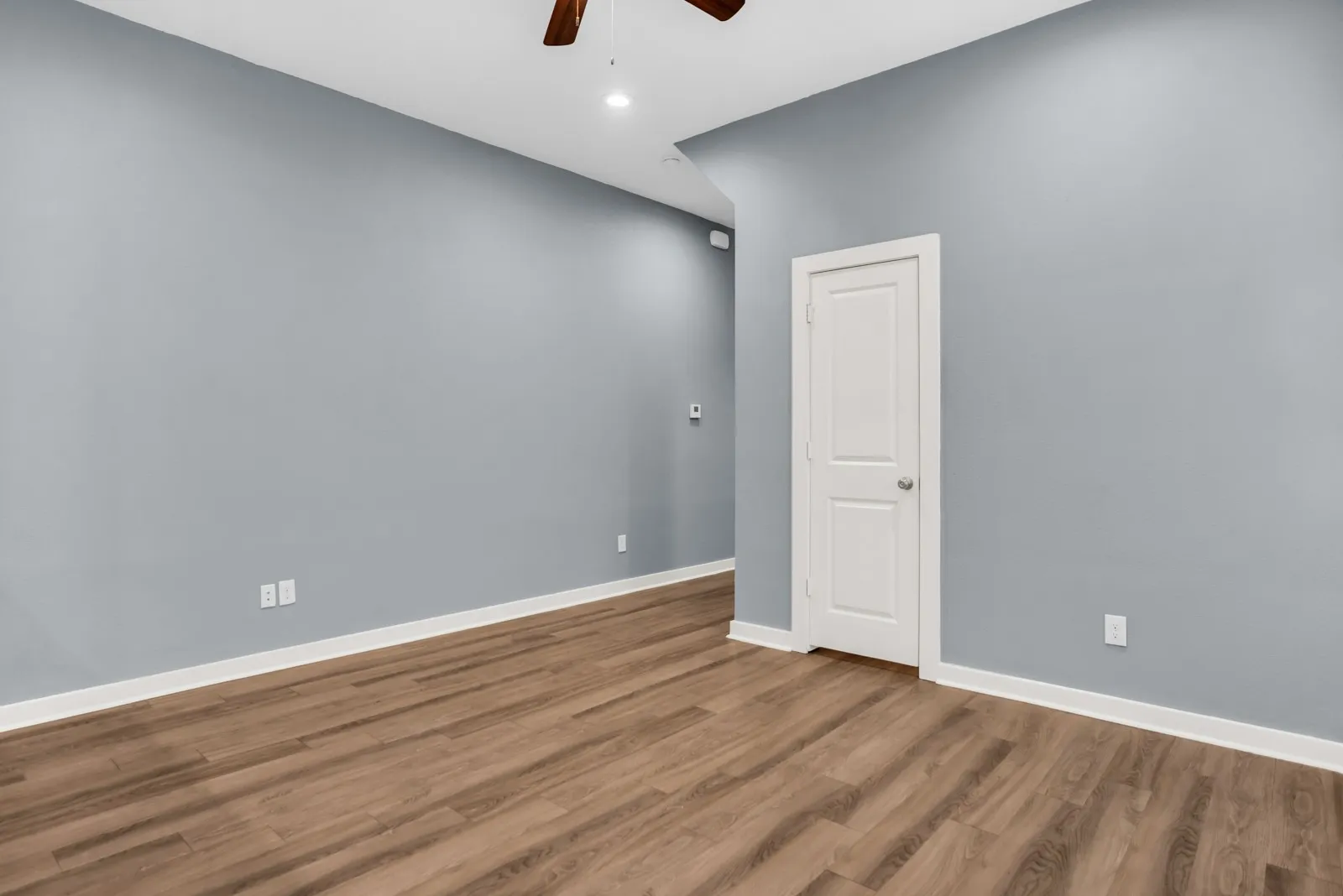 Spacious room featuring light blue walls, wood-finish flooring, and white trim