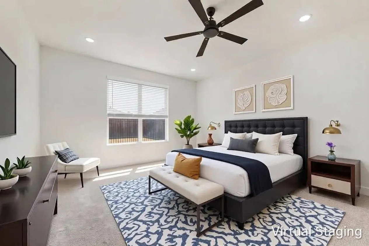Spacious room featuring a ceiling fan, recessed lighting, and a large window with blinds