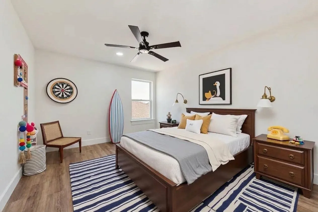 Recessed lighting, wood-finish flooring, and a ceiling fan with light