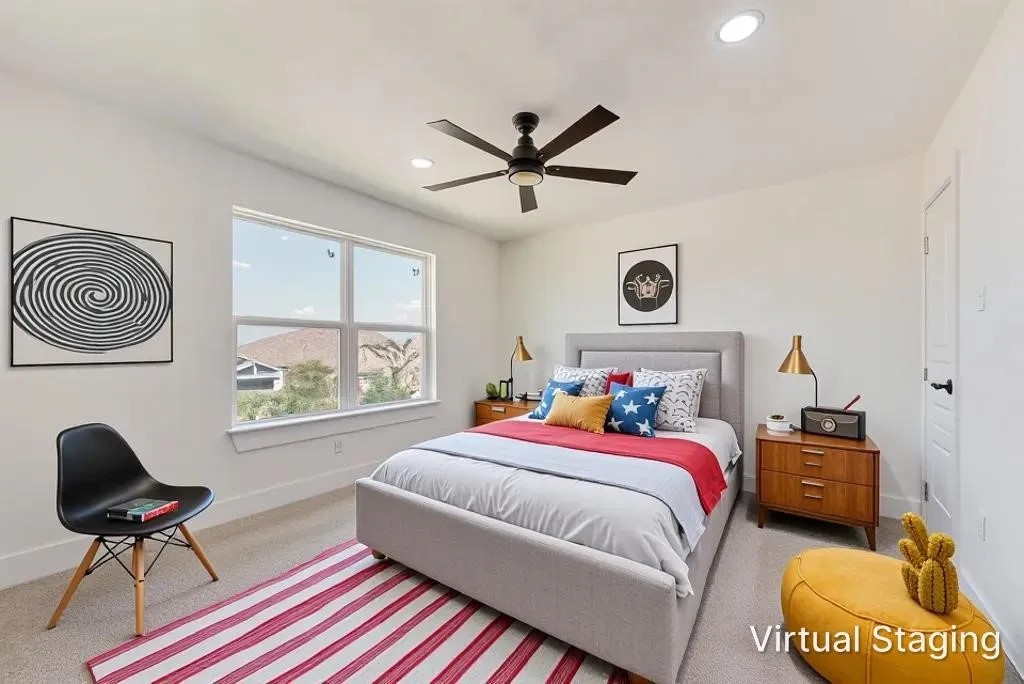 Recessed lighting, ceiling fan, expansive window, carpeted flooring, and a white paneled door