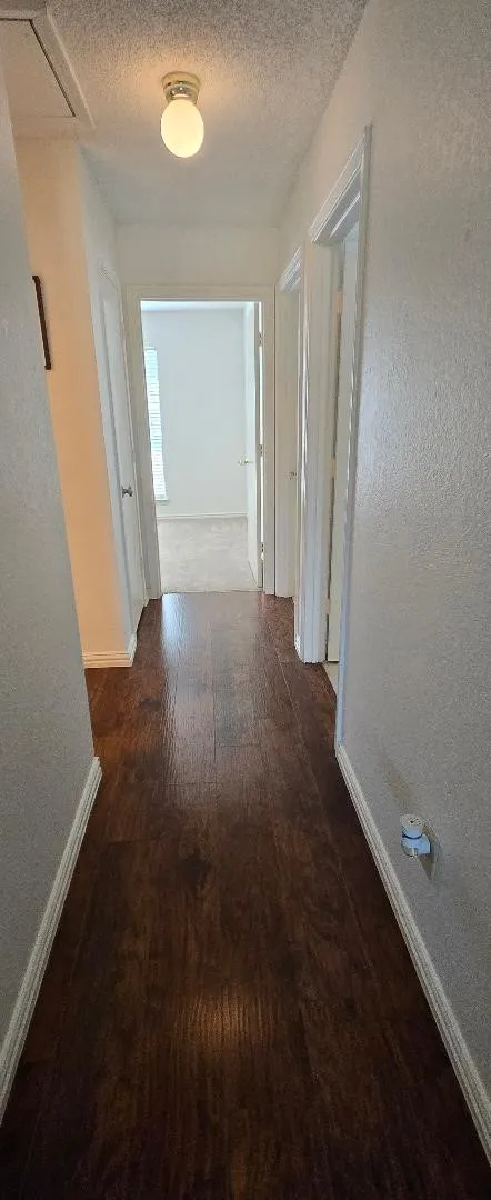 Wood-finish flooring throughout the hallway