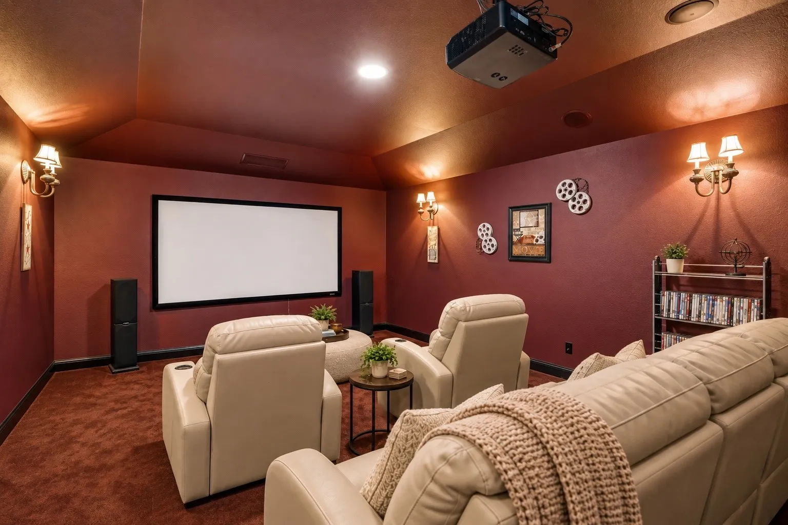 Dedicated media room featuring a mounted projector, large projection screen, and wall sconce lighting