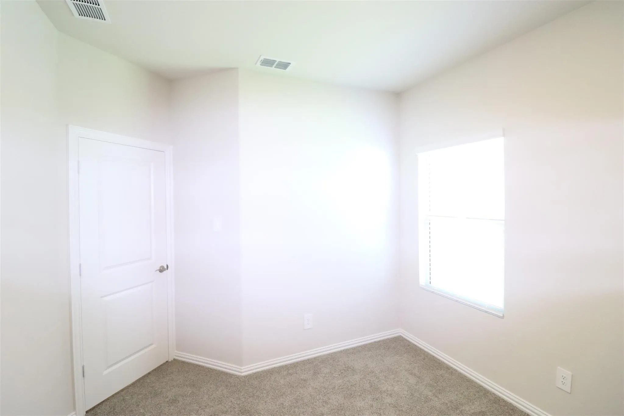 Neutral wall paint, window with blinds, paneled interior door, wall-to-wall carpeting