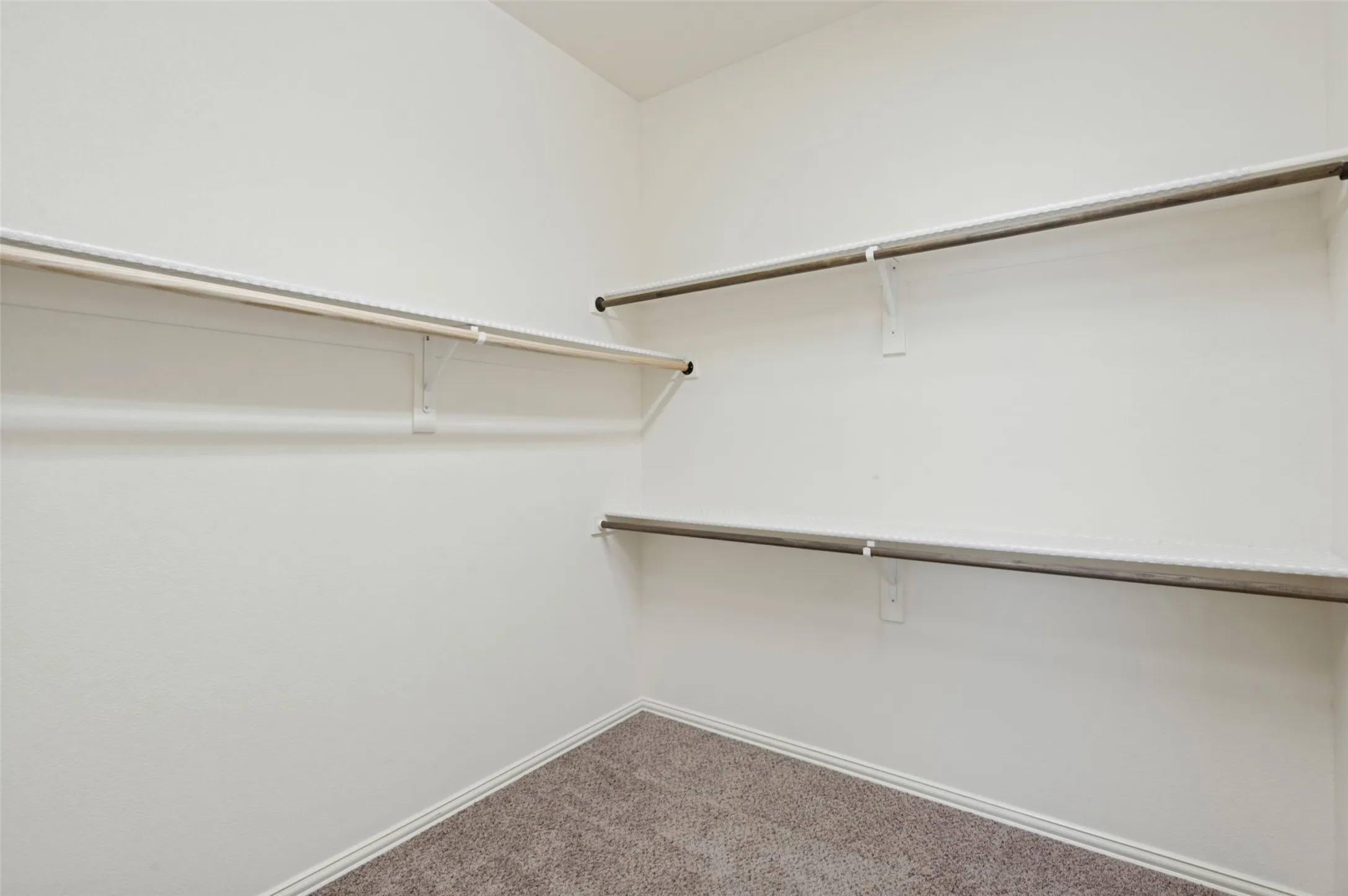 Primary Closet Built-in wire shelving and clothing rods with a carpeted floor