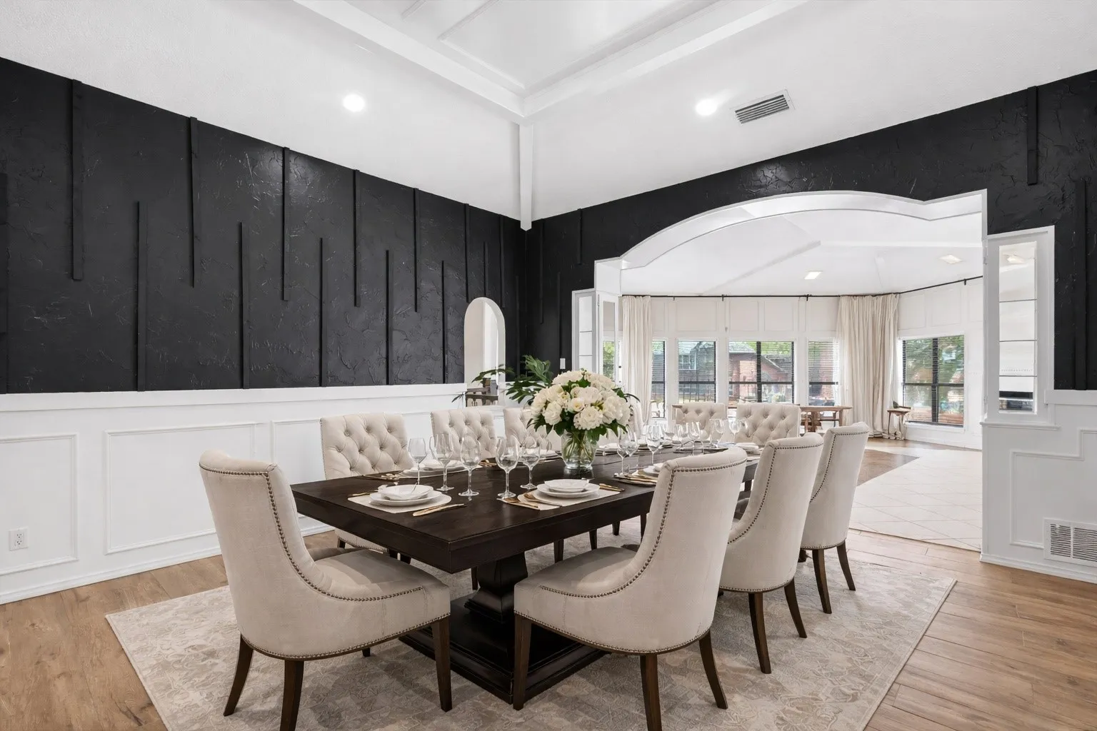 Virtually Staged Tray ceiling with recessed lighting
