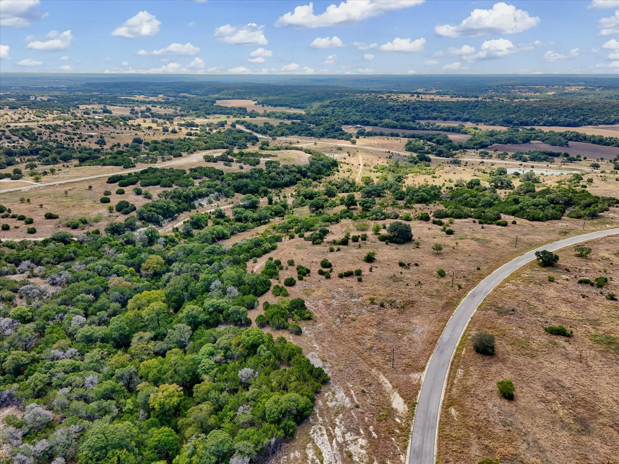 Expansive acreage with a paved road, natural terrain, and abundant mature trees
