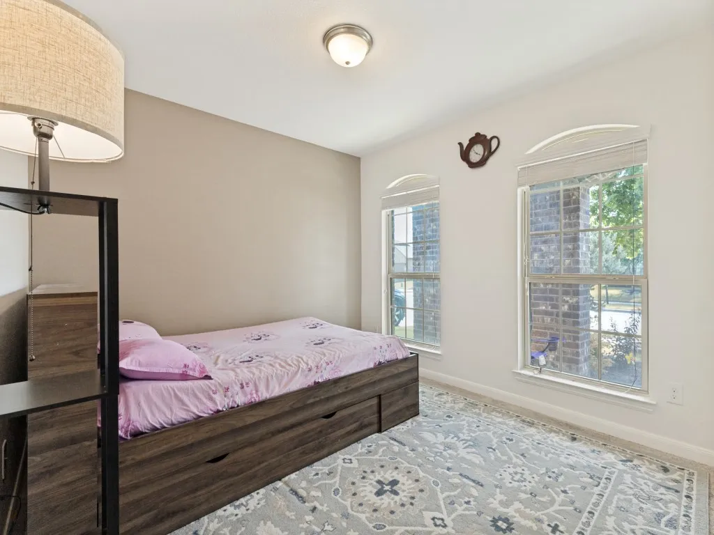 Bright secondary bedroom showcasing arched transom windows, dark wood-finish bed frame, ceiling-mounted fixture, neutral wall finishes, and patterned area rug flooring