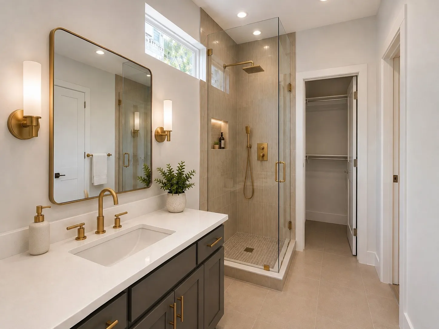 3D Rendering for Illustrative Purposes Only. Not an Actual Photograph. Final Appearance, Materials, Landscaping, and Finishes May Vary.
Bathroom featuring a glass-enclosed shower with gold-toned fixtures, a single vanity with a white countertop, and a rectangular mirror