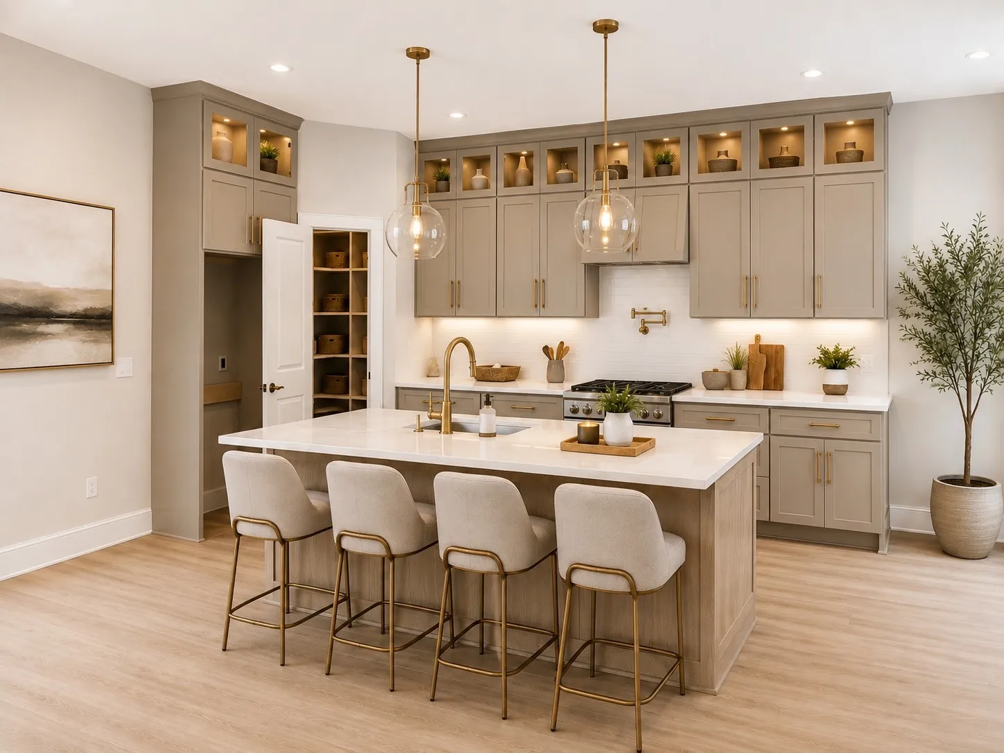 3D Rendering for Illustrative Purposes Only. Not an Actual Photograph. Final Appearance, Materials, Landscaping, and Finishes May Vary.
Kitchen featuring an expansive island with countertop seating, light-toned cabinetry, light wood-finish flooring, a built-in oven range, and integrated pantry shelving
