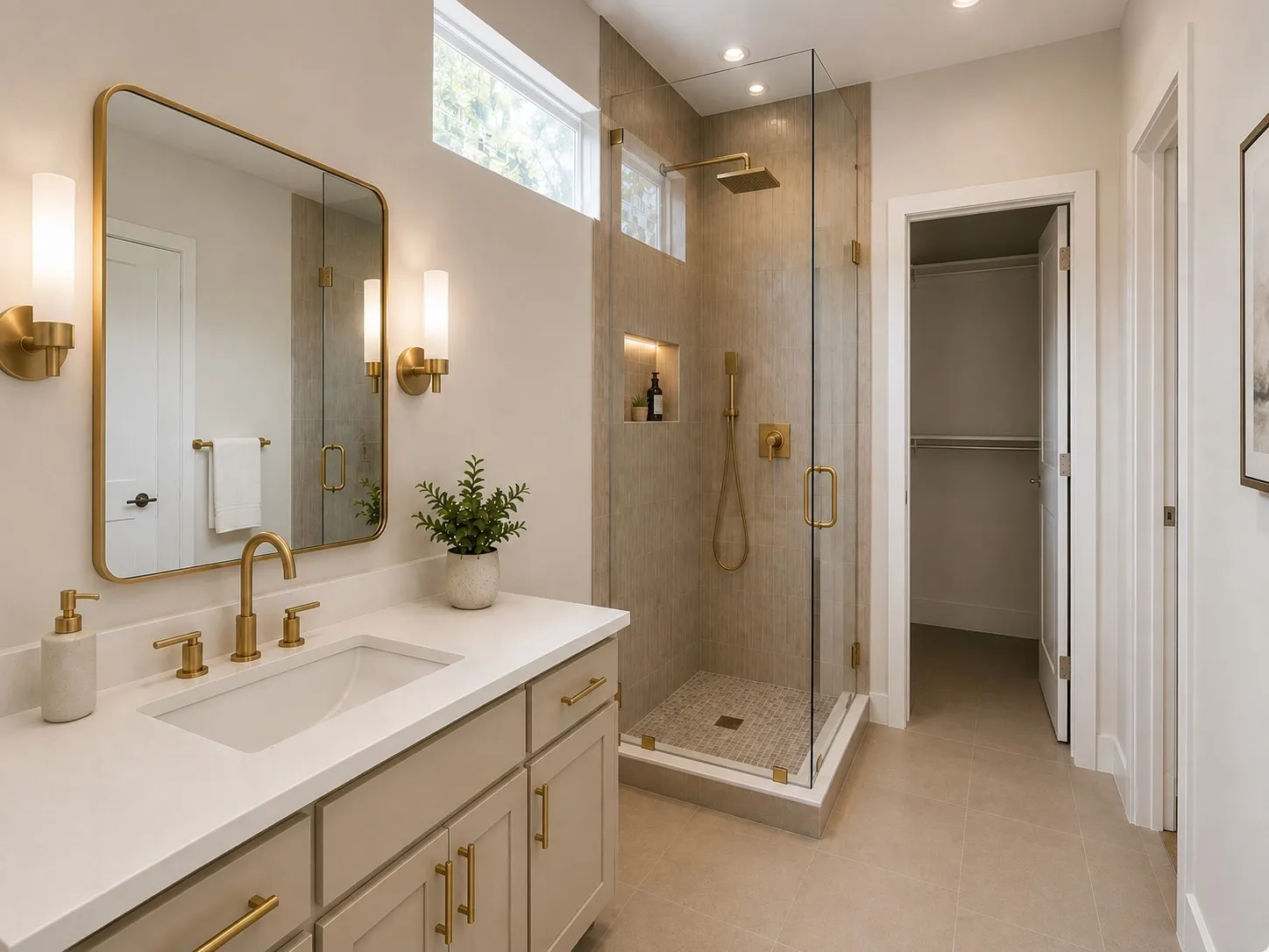 3D Rendering for Illustrative Purposes Only. Not an Actual Photograph. Final Appearance, Materials, Landscaping, and Finishes May Vary.
Vanity with a rectangular undermount sink and polished brass fixtures
