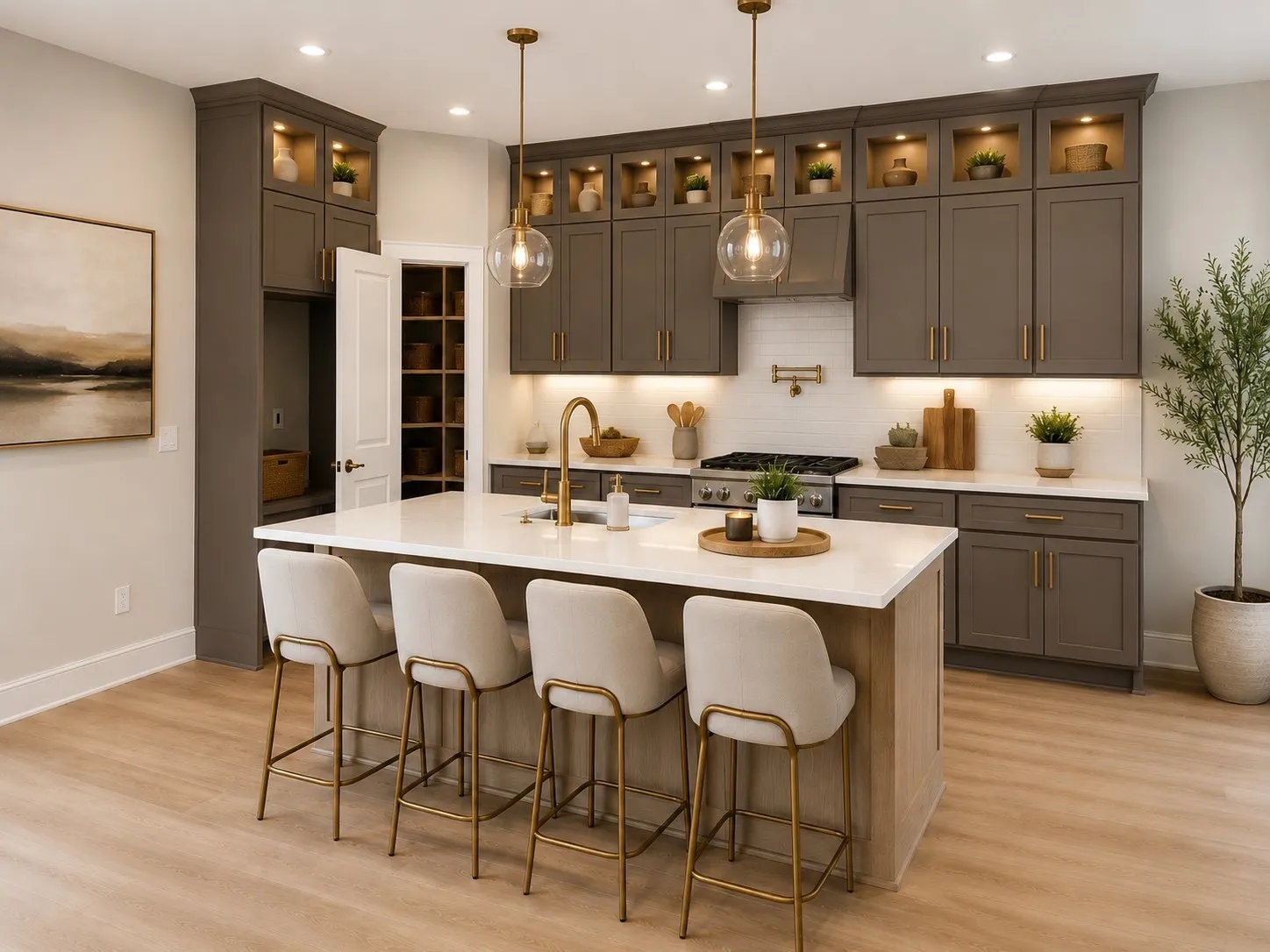 3D Rendering for Illustrative Purposes Only. Not an Actual Photograph. Final Appearance, Materials, Landscaping, and Finishes May Vary.
Kitchen featuring an expansive center island with seating, a gas range, white subway tile backsplash, recessed and pendant lighting, and wood-finish flooring