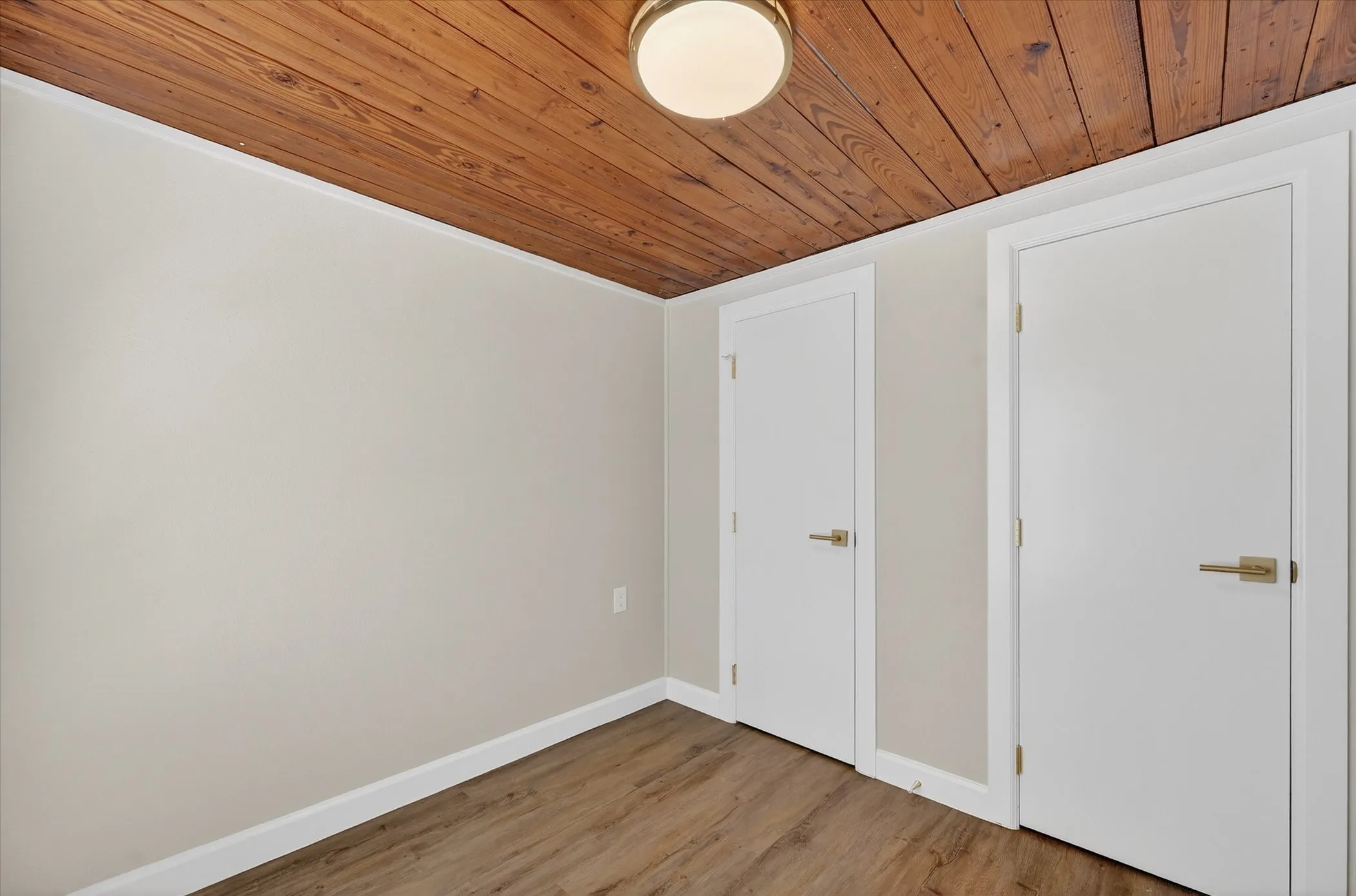 Wood-plank ceiling, wood-finish flooring, and light neutral wall paint