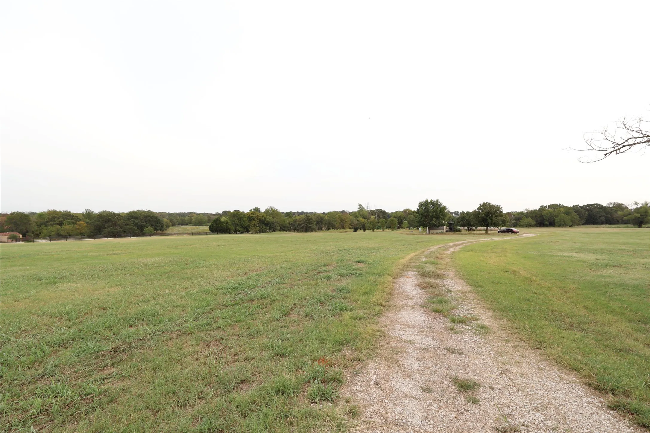 Expansive green pastureland with a gravel drive leading to a distant structure and mature trees