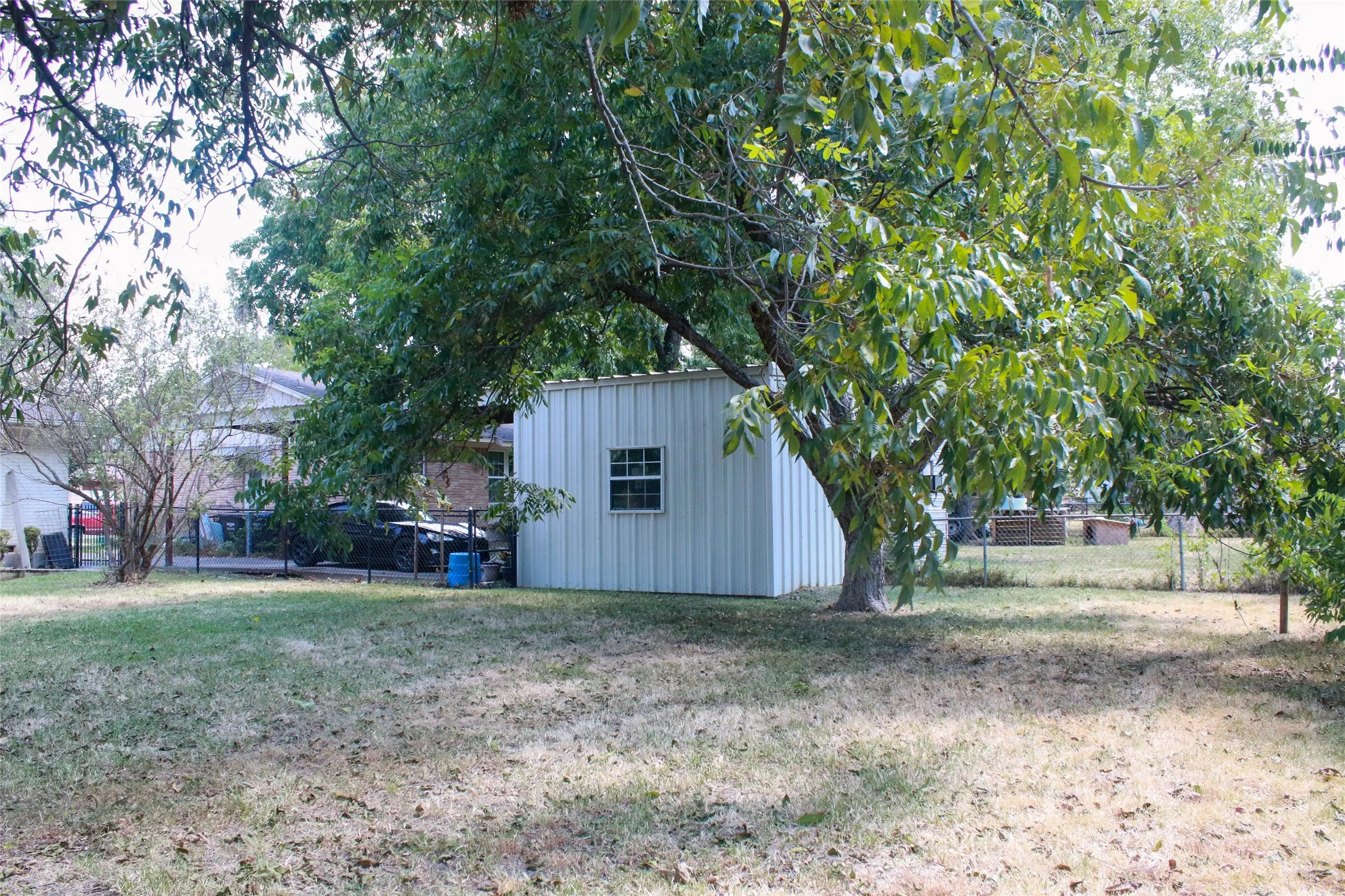 Spacious outdoor area featuring mature trees, a metal storage building with a window, and a chain-link fence