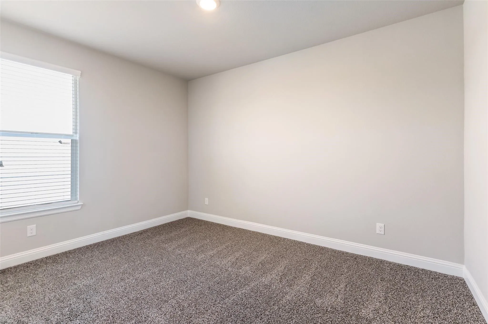 Recessed lighting, neutral wall paint, carpet flooring, window with blinds, and white trim
