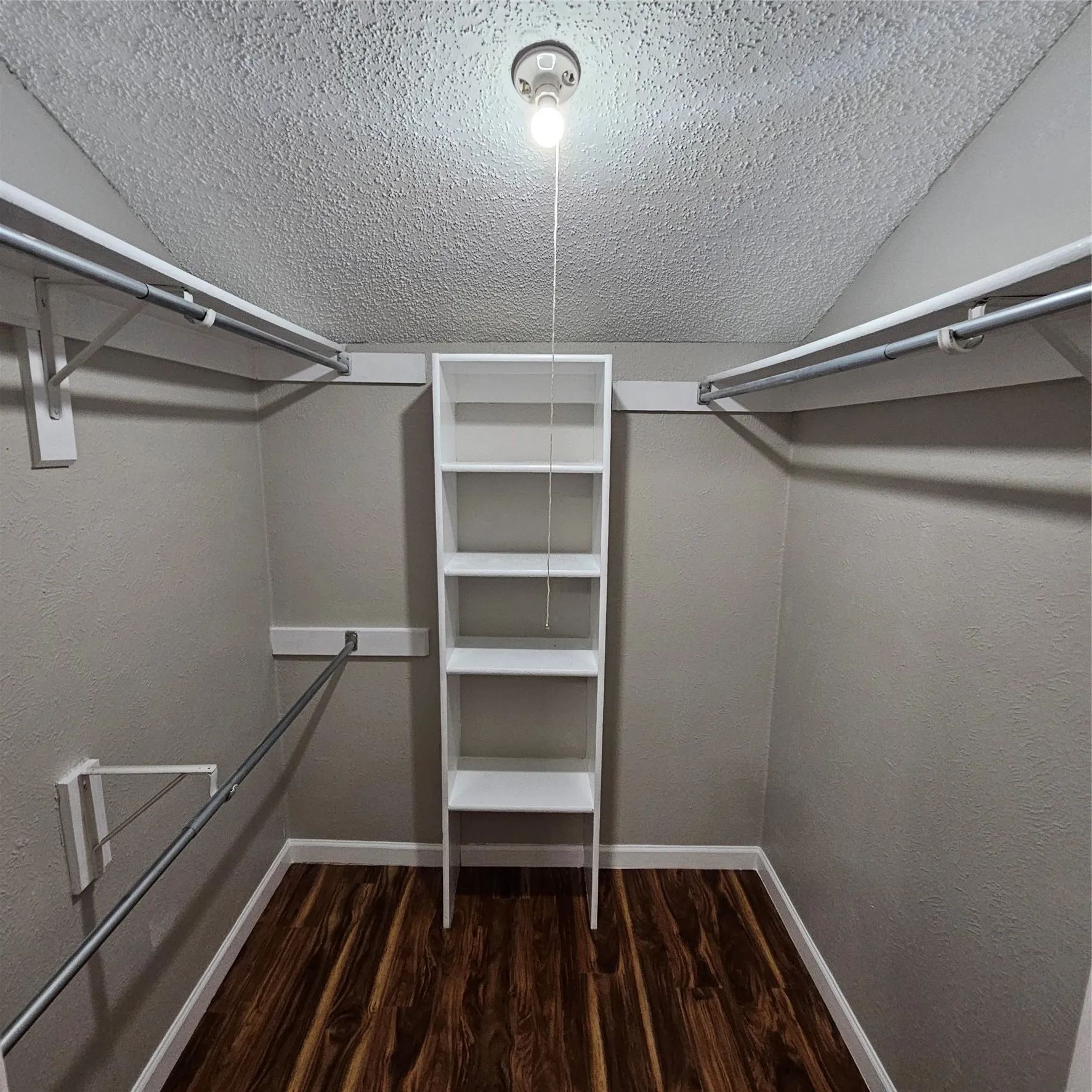 Walk in closet featuring wood finished floors and lofted ceiling