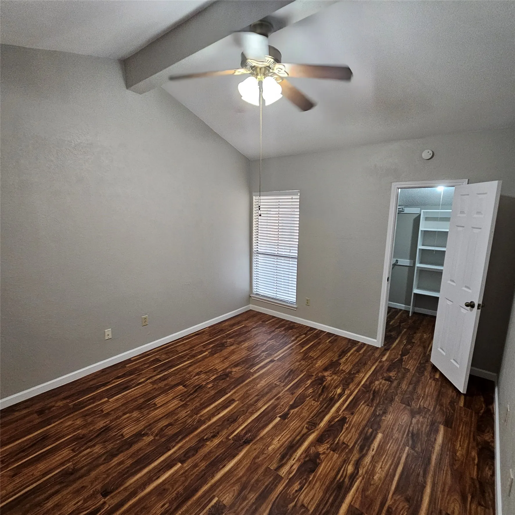 Unfurnished bedroom featuring dark wood-style floors, a walk in closet, a closet, and ceiling fan
