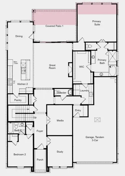 First Floor Plan - Additional Highlights Include: extended primary suite and covered patio, 12x8 sliding doors, tiled surround fireplace, and shower in place of tub at secondary bath