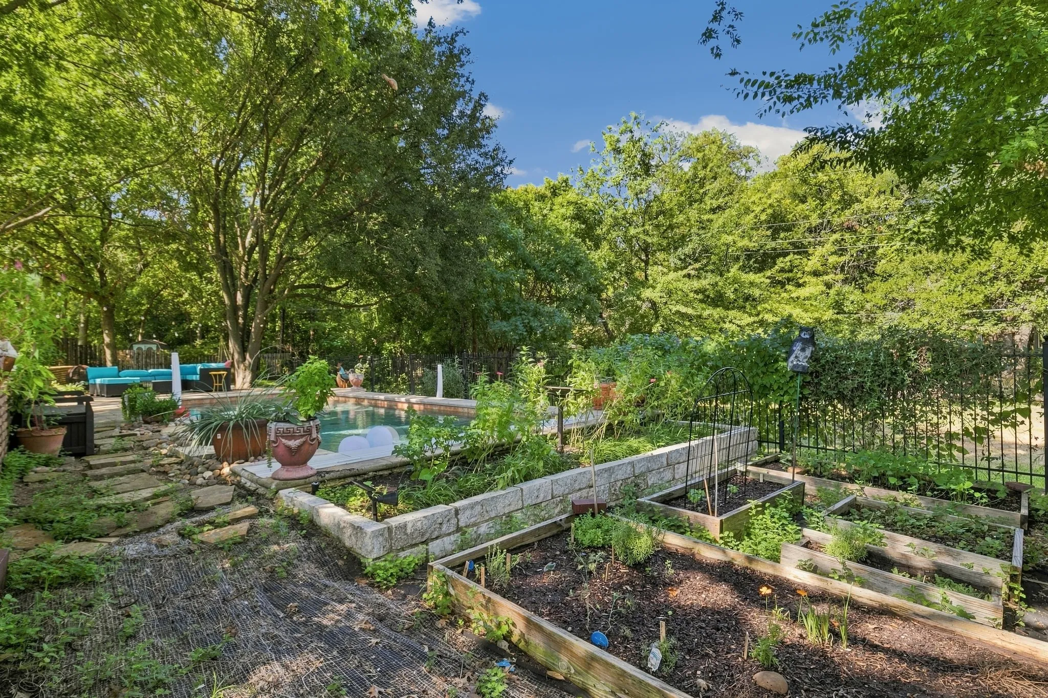 Backyard near the pool are raised garden beds. great for flowers or vegetables & fruit.