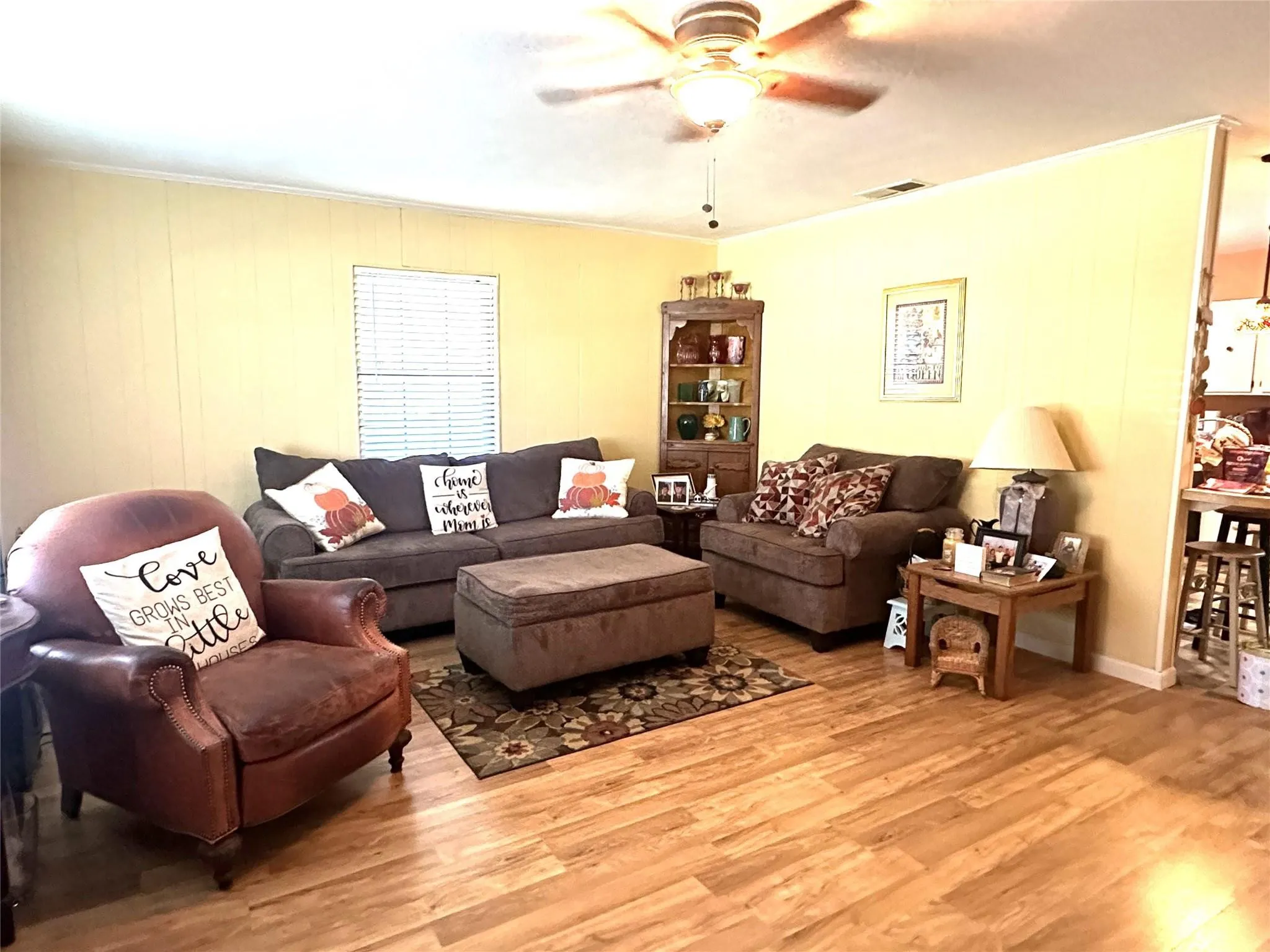 Wood-finish flooring throughout, ceiling fan with light fixture, and vertical paneling on walls