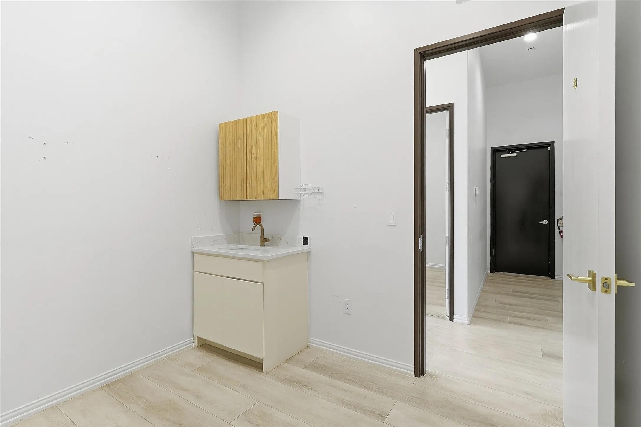 Recessed lighting, wood-finish flooring, light wood-finish cabinetry, built-in sink, and a contrasting dark door frame