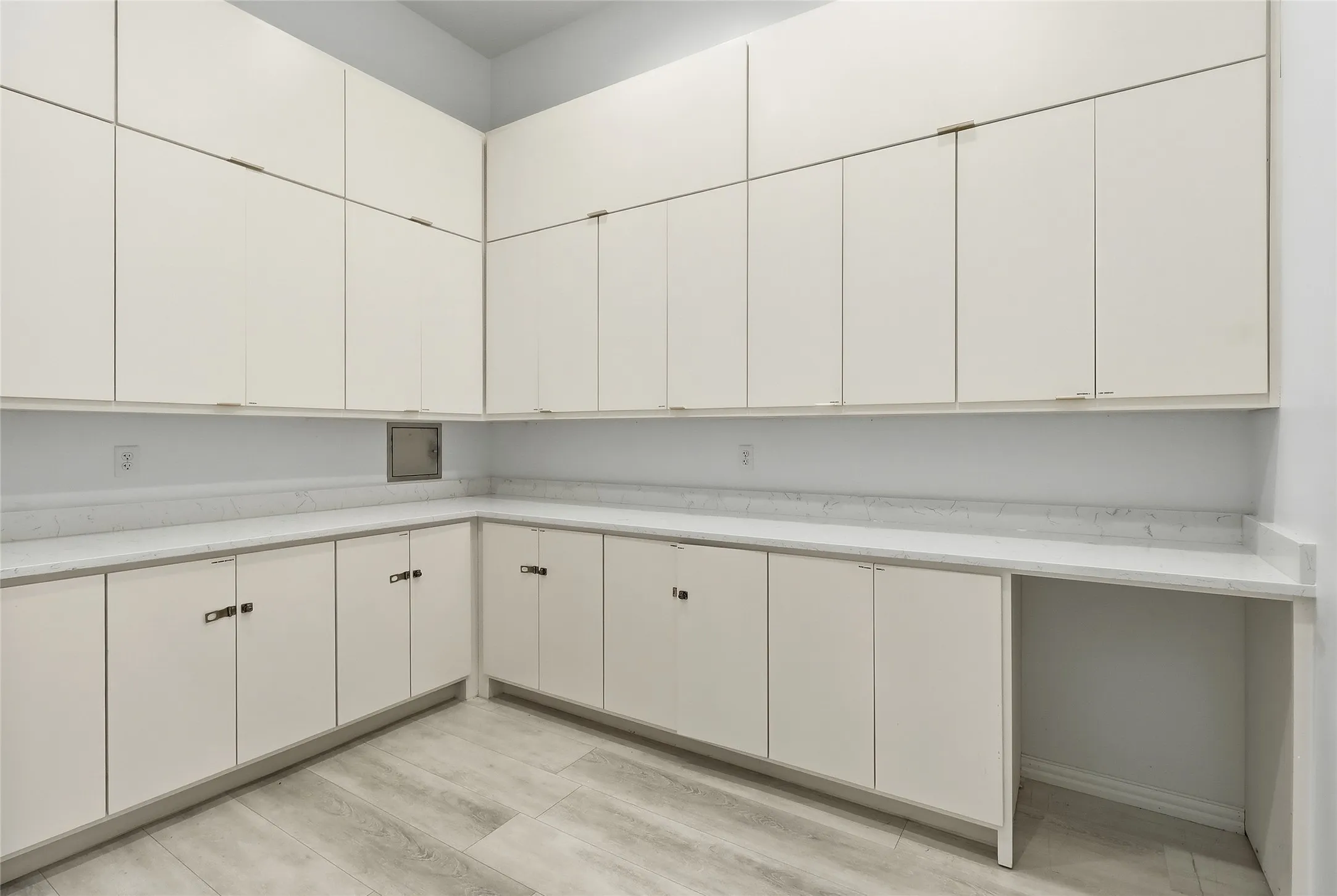 Extensive white cabinetry with modern pulls, light-toned countertops, and wood-finish flooring