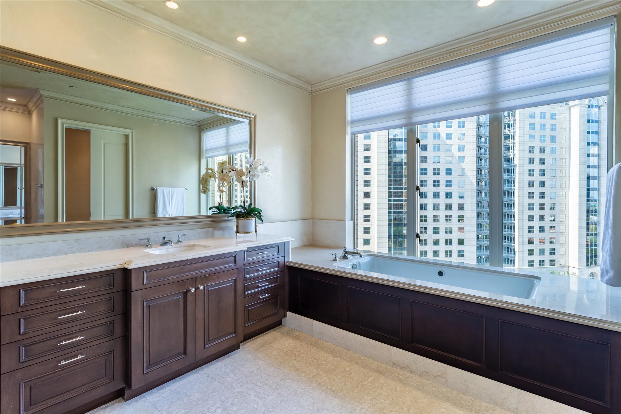 Marble Bath has jetted garden tub.