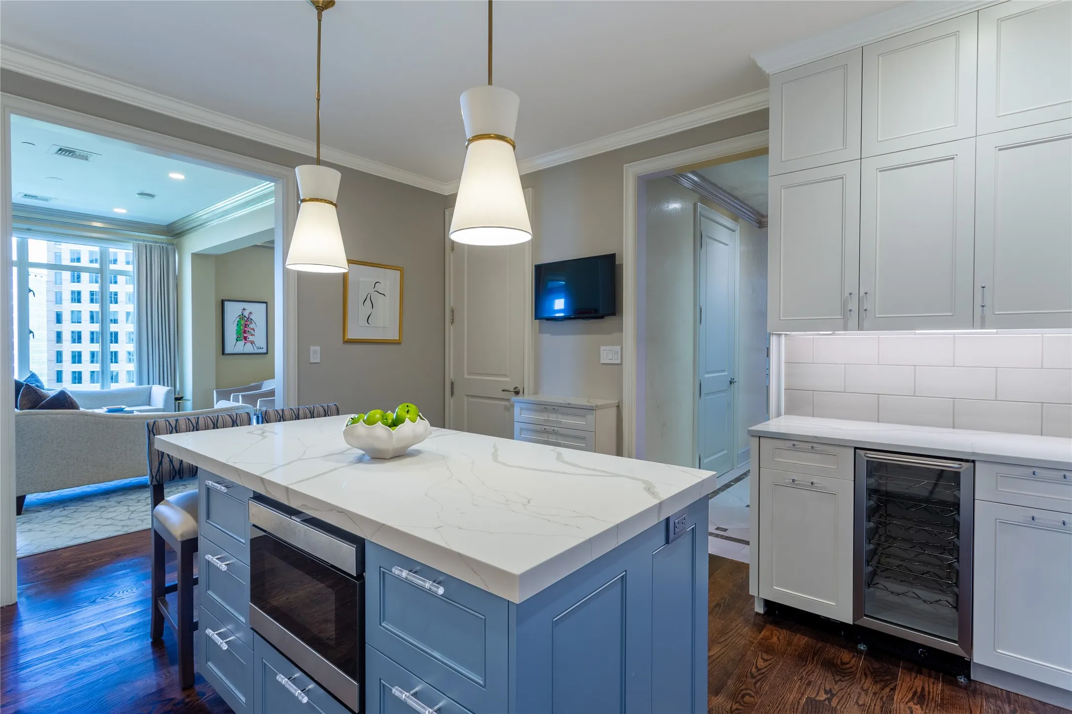 Microwave drawer & wine refrigerator, glass cabinet pulls, and a perfect place for a Bar.